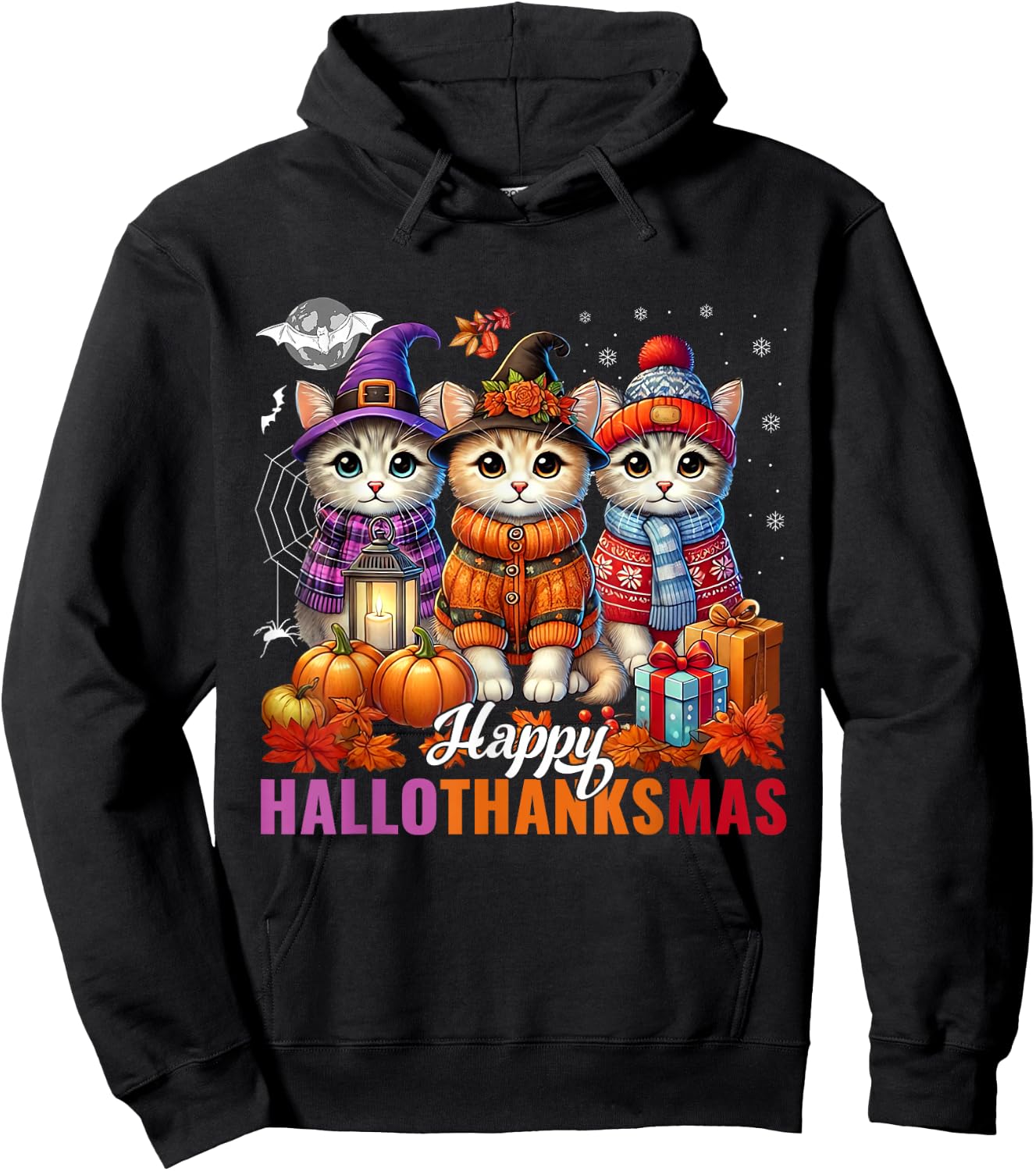 Halloween Thanksgiving Christmas Happy HalloThanksMas Cats Hoodie - Hoodie | Black