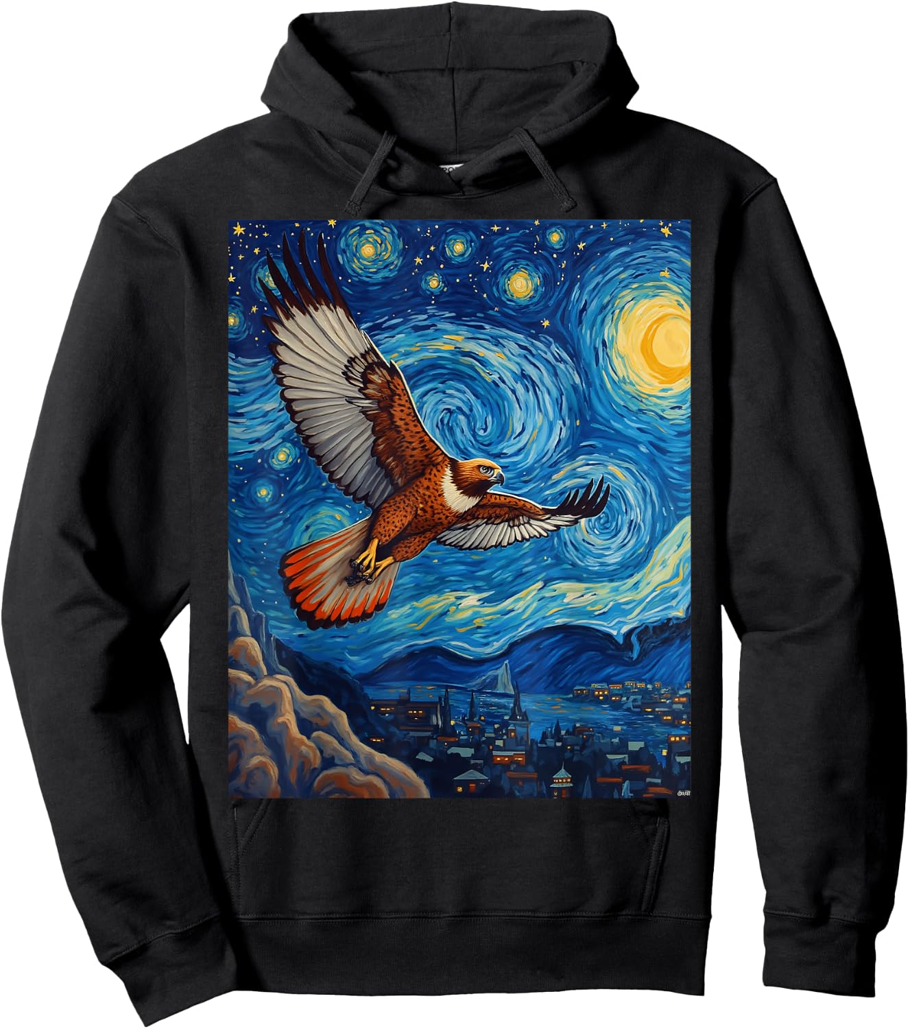 Van Gogh's Starry Night Red-Tailed Hawk Sky Hunter Animal Hoodie - Hoodie | Black