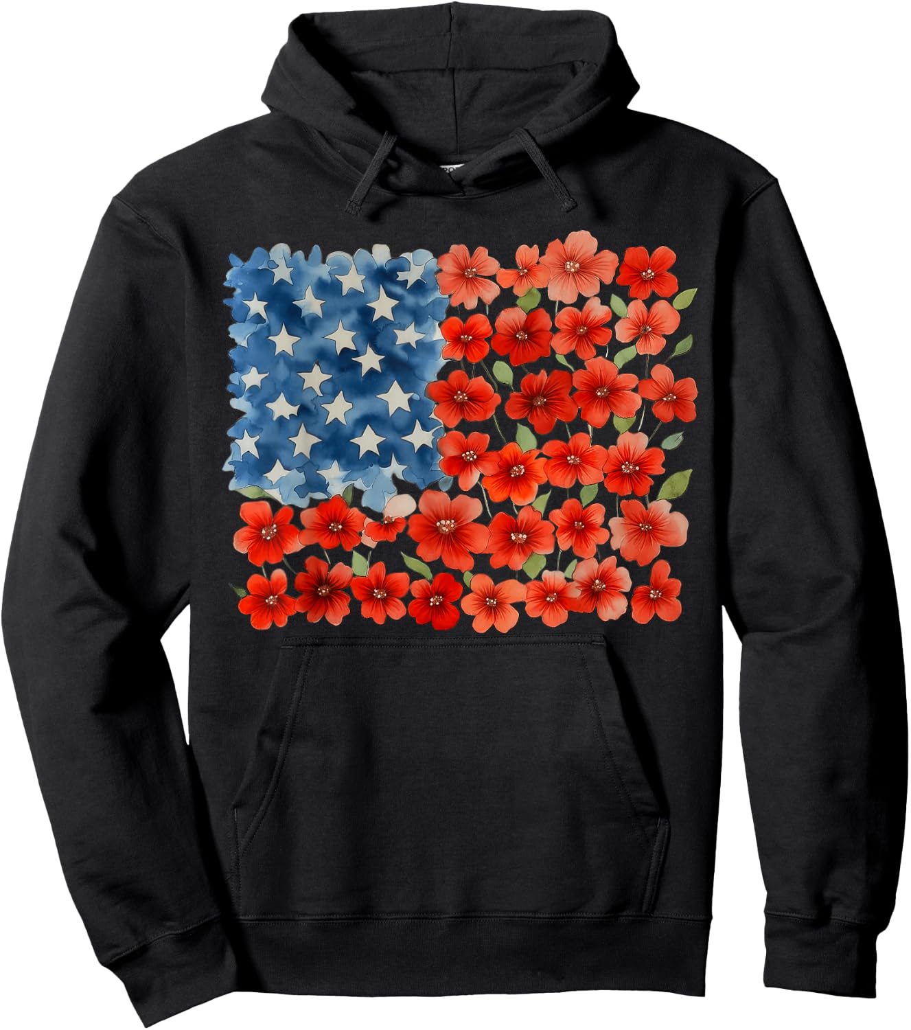 Women 4th of July Floral American Flag Wildflowers Patriotic Hoodie - Hoodie | Black