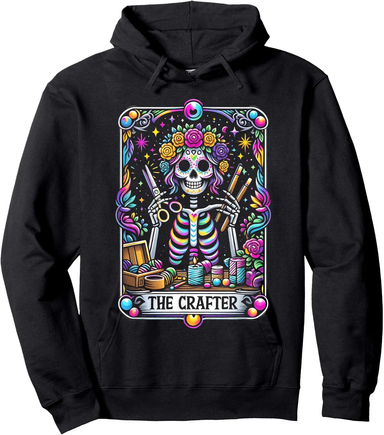 Funny Sugar Skull Crafty The-Crafter Tarot Card Skeleton Hoodie - Hoodie | Black