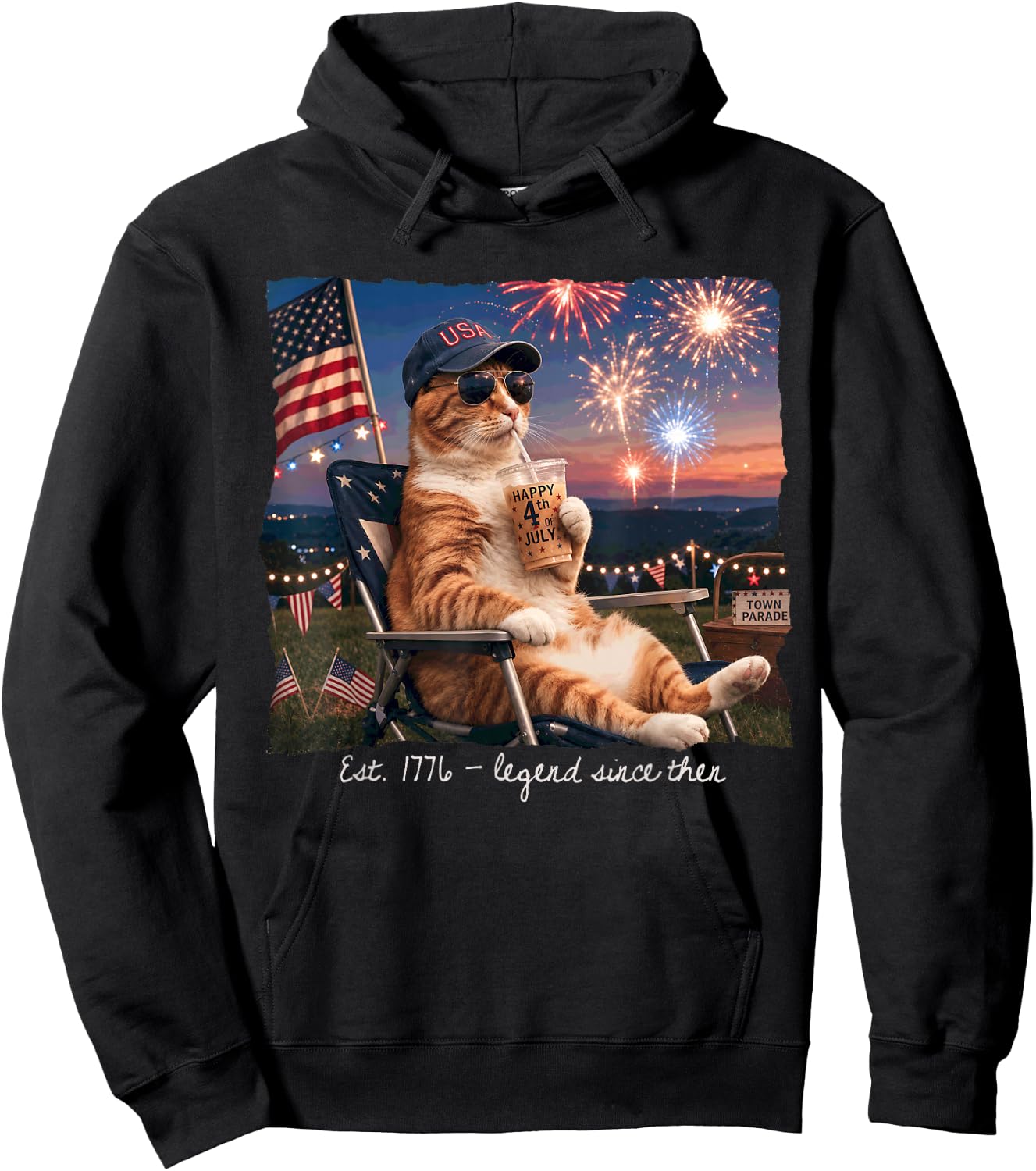 Funny 4th of July Cat Fireworks Est 1776 Legend Since Then Hoodie - Hoodie | Black