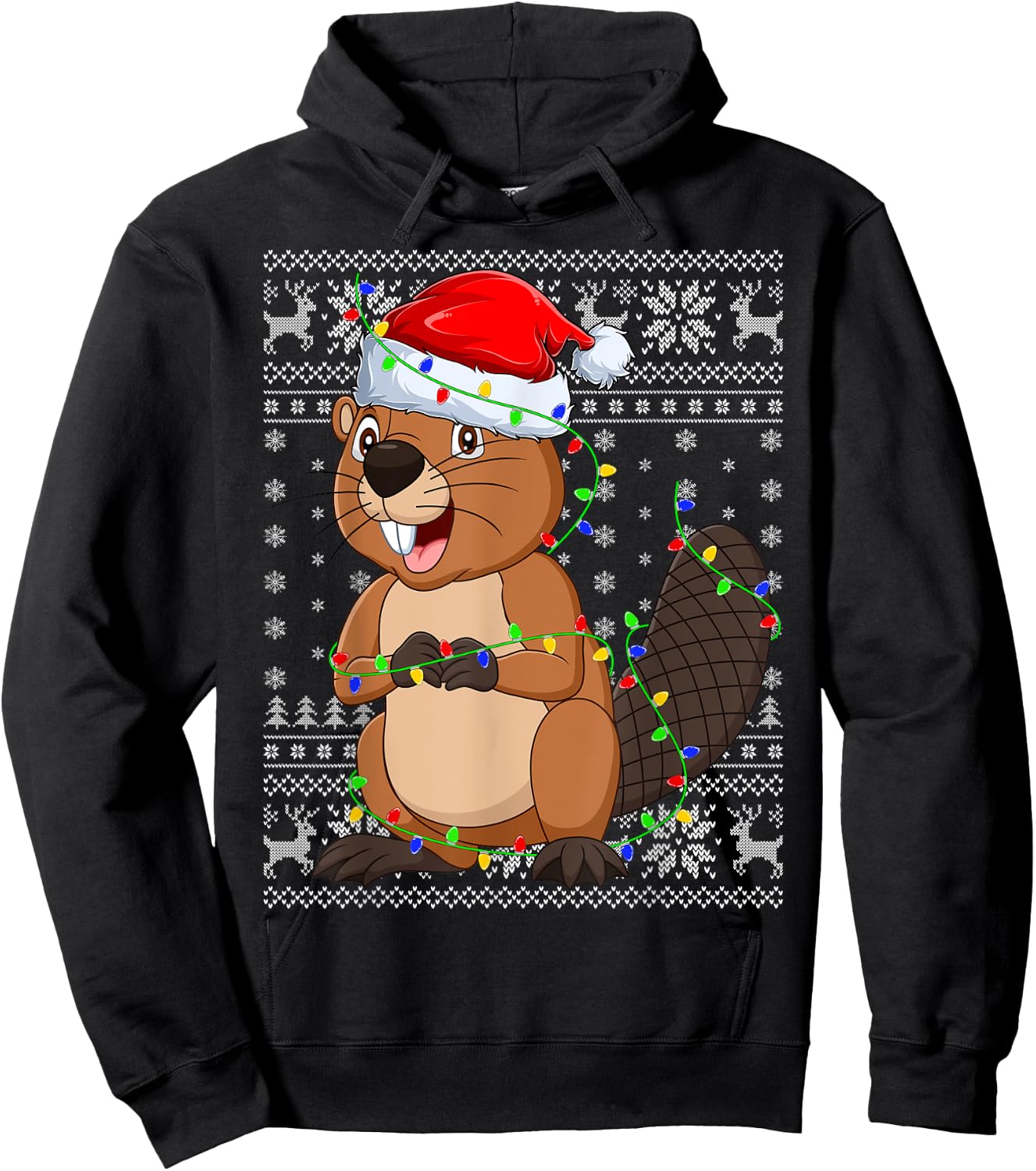 Ugly Sweater Xmas Lights Santa Hat Beaver Christmas Hoodie - Hoodie | Black