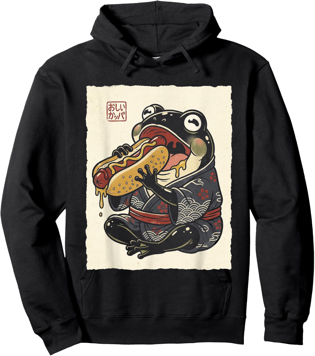 Grumpy Frog Eating Hotdog Japanese Hoodie - Hoodie | Black