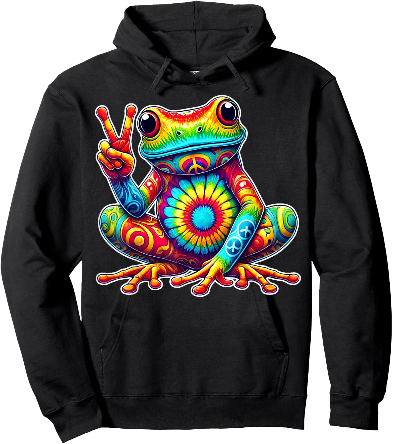 Tie-Dye Frog With Peace Sign Cool Hippie Hoodie - Hoodie | Black