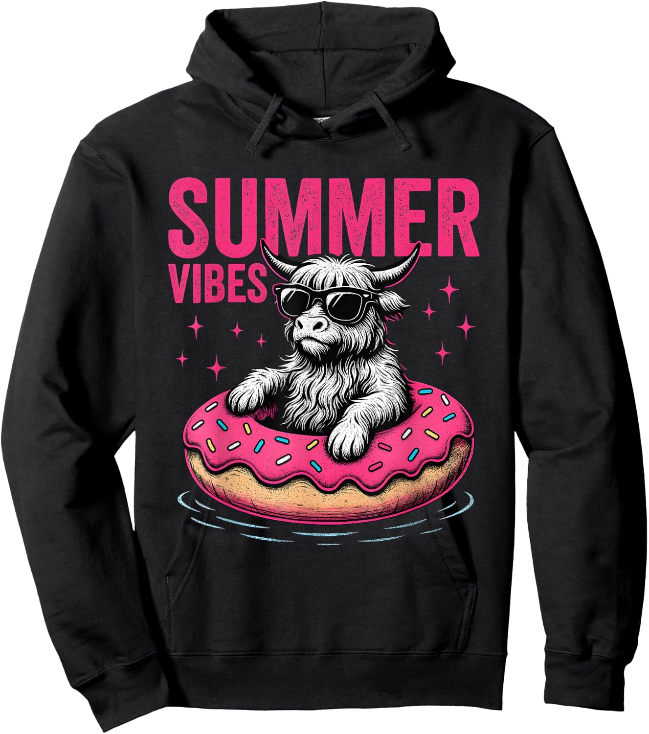 Highland Cow Summer Vibes Donut Float Hoodie - Hoodie | Black