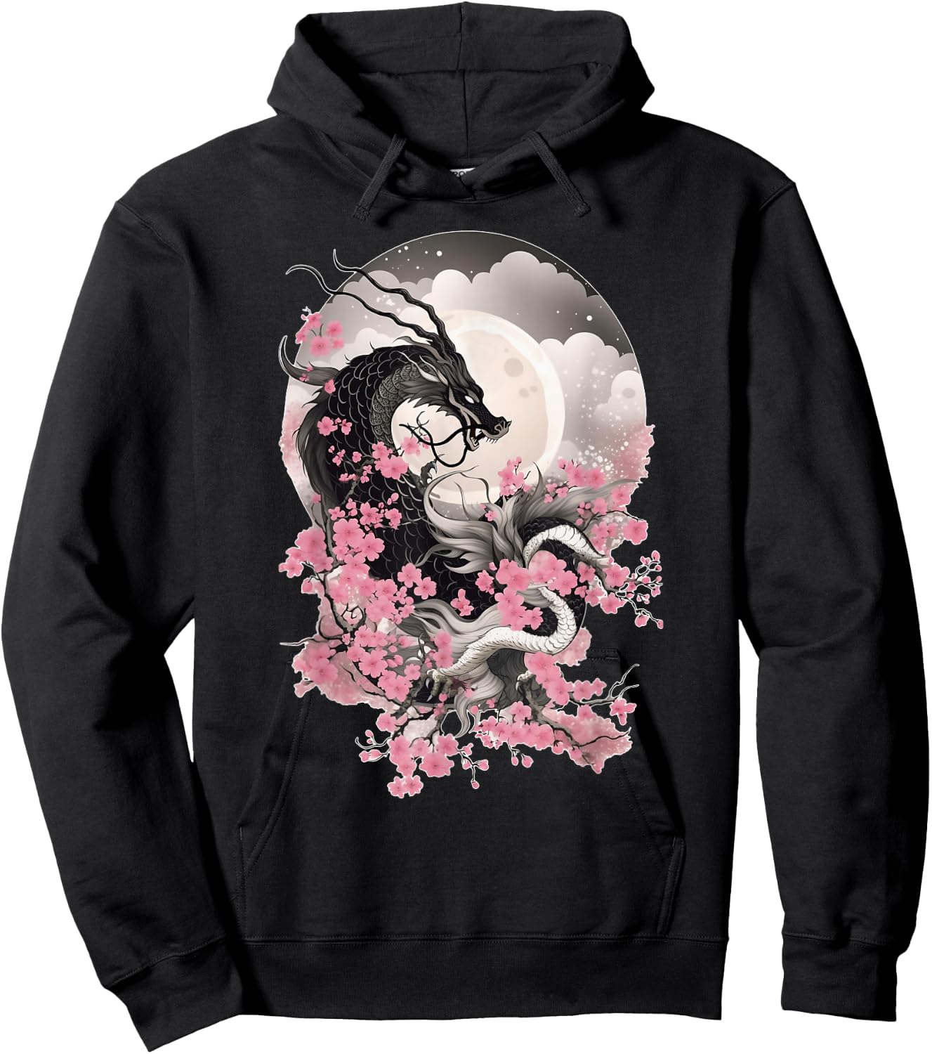 Japanese Dragon & Cherry Blossom Men & Women Full Moon Asian Hoodie - Hoodie | Black