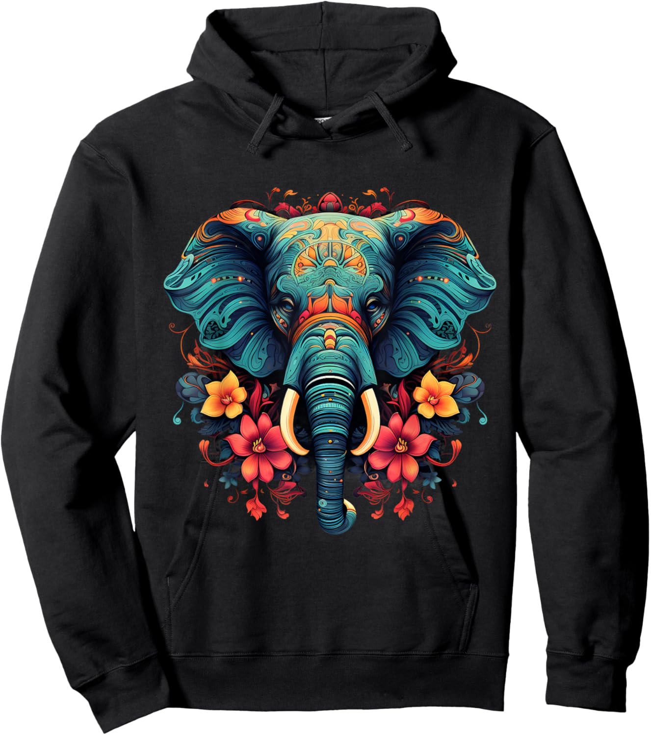 Elephant Portrait Floral Artwork Motif Animal Art Nature Hoodie - Hoodie | Black