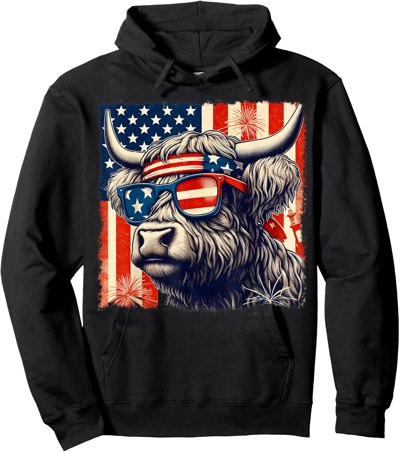Highland Cow Sunglasses American Flag 4th of July Farmer Hoodie - Hoodie | Black