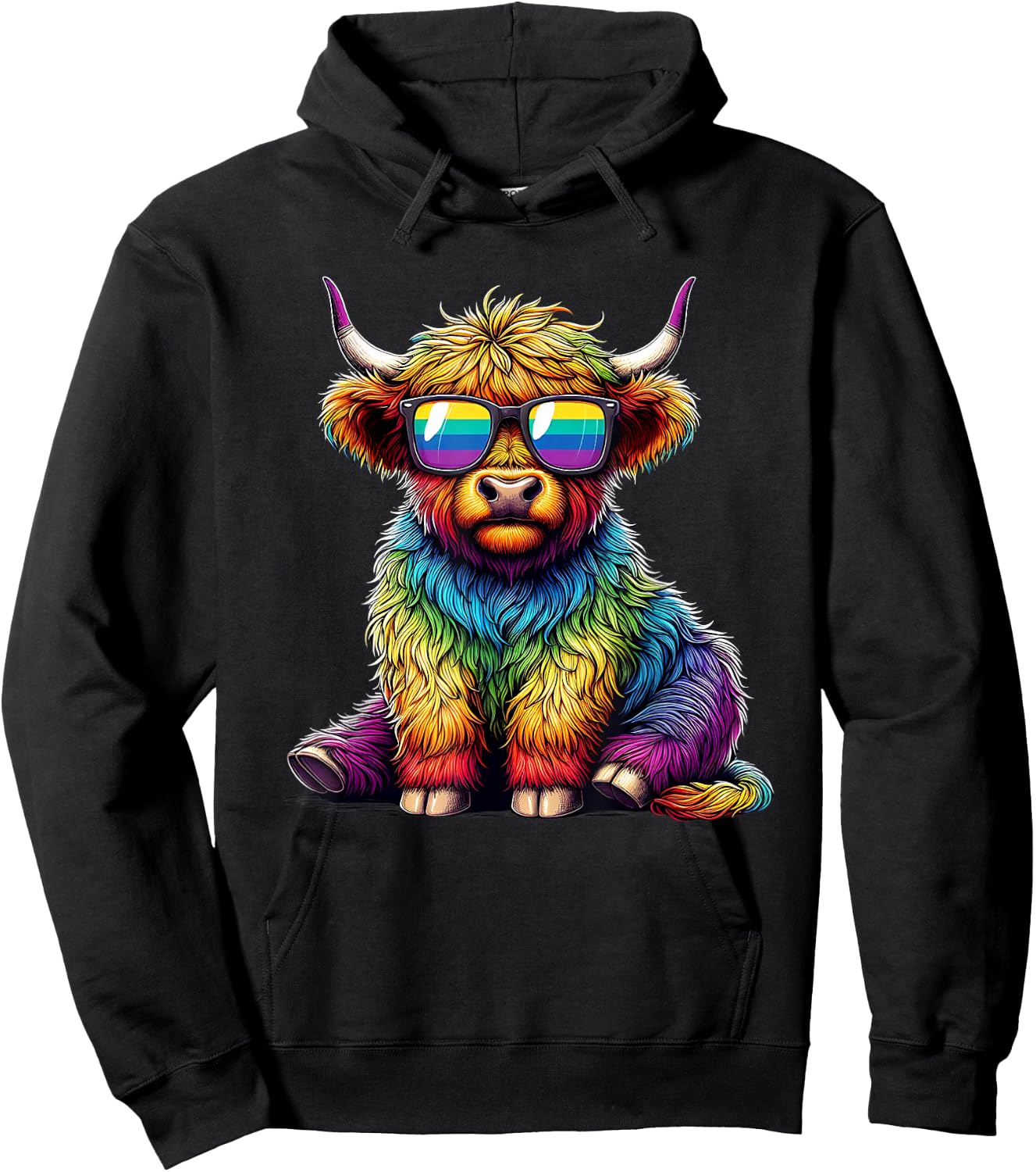 Cool Highland Cow Pride Rainbow LGBTQ+ Men Women Kids Hoodie - Hoodie | Black