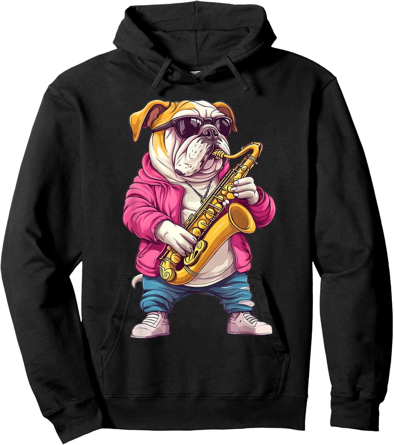 Cute English Bulldog Dog Playing Saxophone Musician Music Hoodie - Hoodie | Black