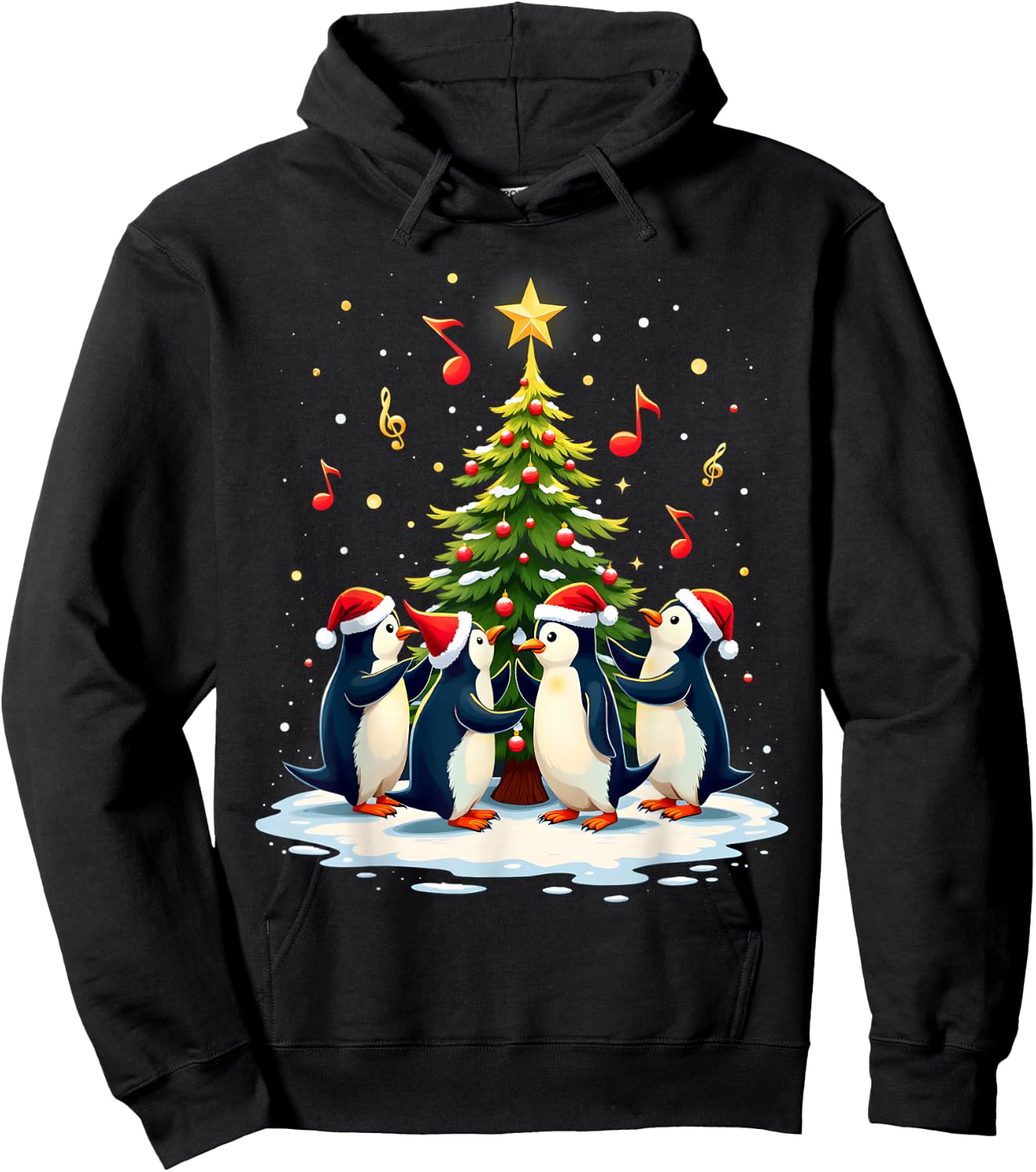 Kids Festive Penguins Singing Around Christmas Tree - Black, Small Hoodie - Hoodie | Black