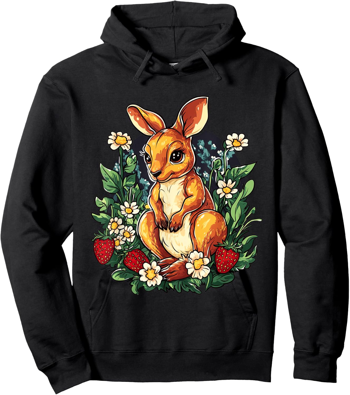 Kangaroo Strawberries and Flowers Graphic Cute Kangaroo Hoodie - Hoodie | Black