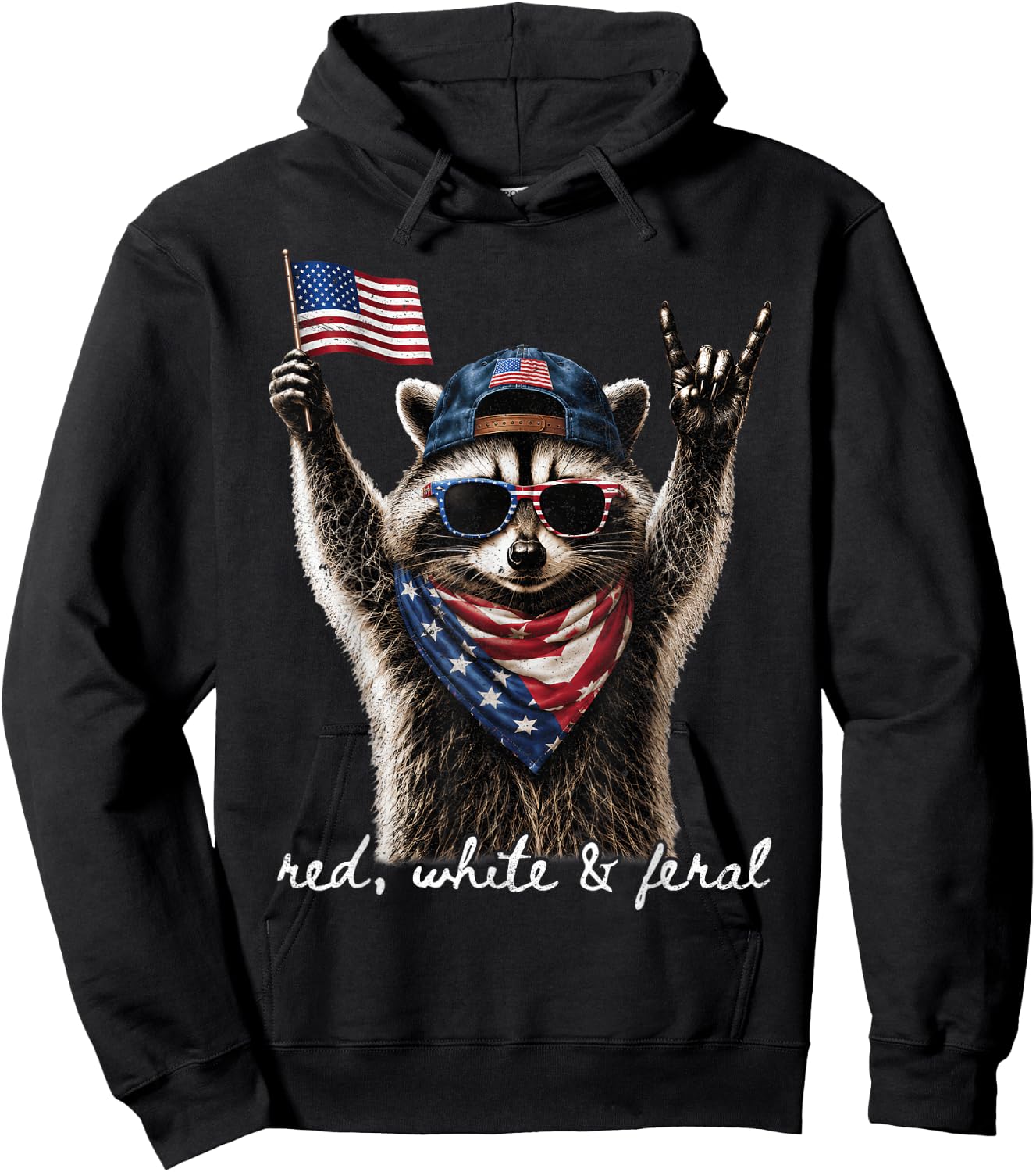 Red White & Feral Funny Patriotic Raccoon Rock 4th of July Hoodie - Hoodie | Black