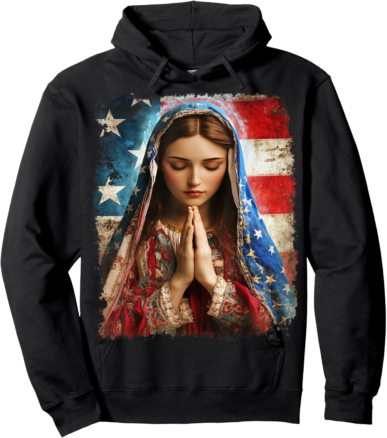 US Flag American The Virgin Mary Religious Christian Hoodie - Hoodie | Black