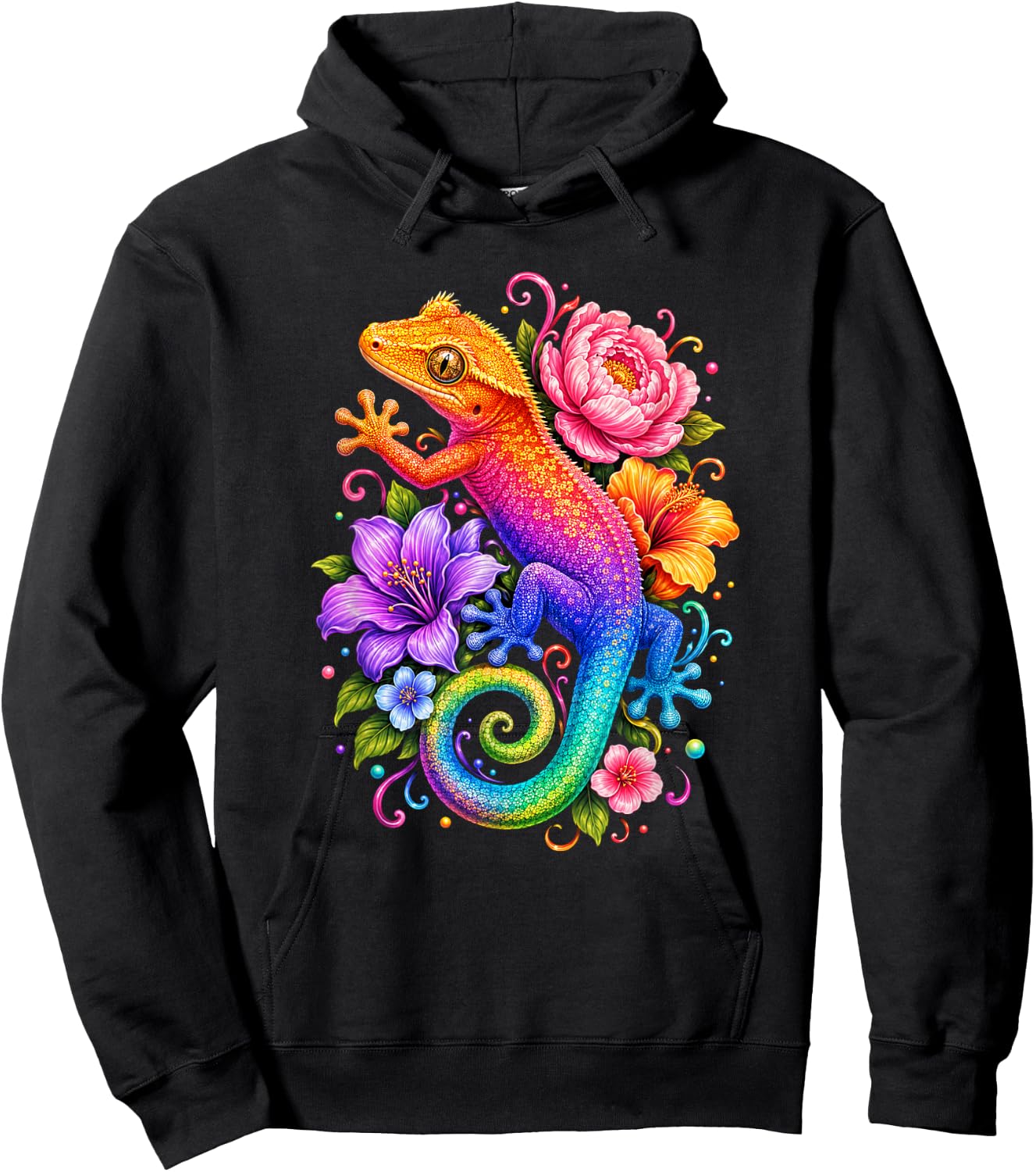 Cute Colorful Crested Gecko Flowers Rainbow Women Girls Kids Hoodie - Hoodie | Black