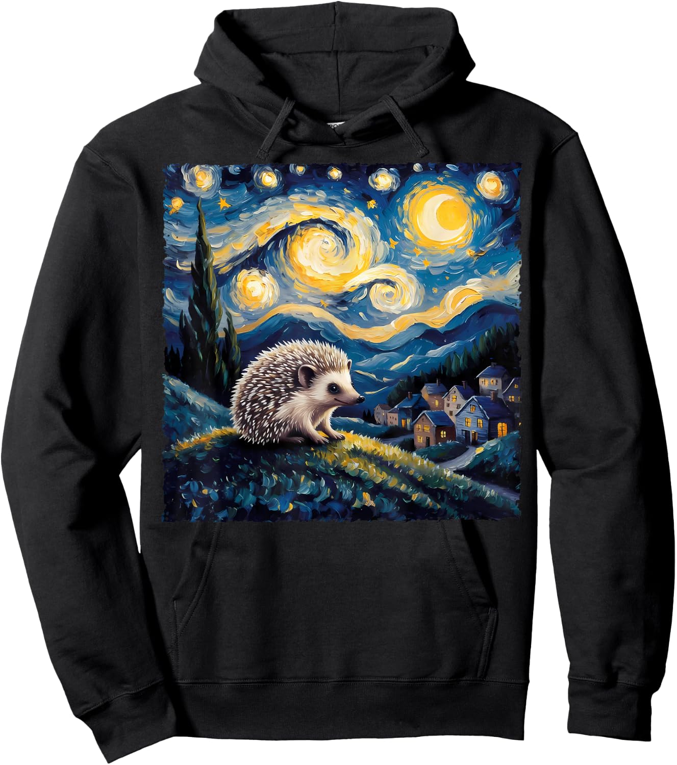 Van Gogh Style Funny Hedgehog Lover Starry Night Painting Hoodie - Hoodie | Black