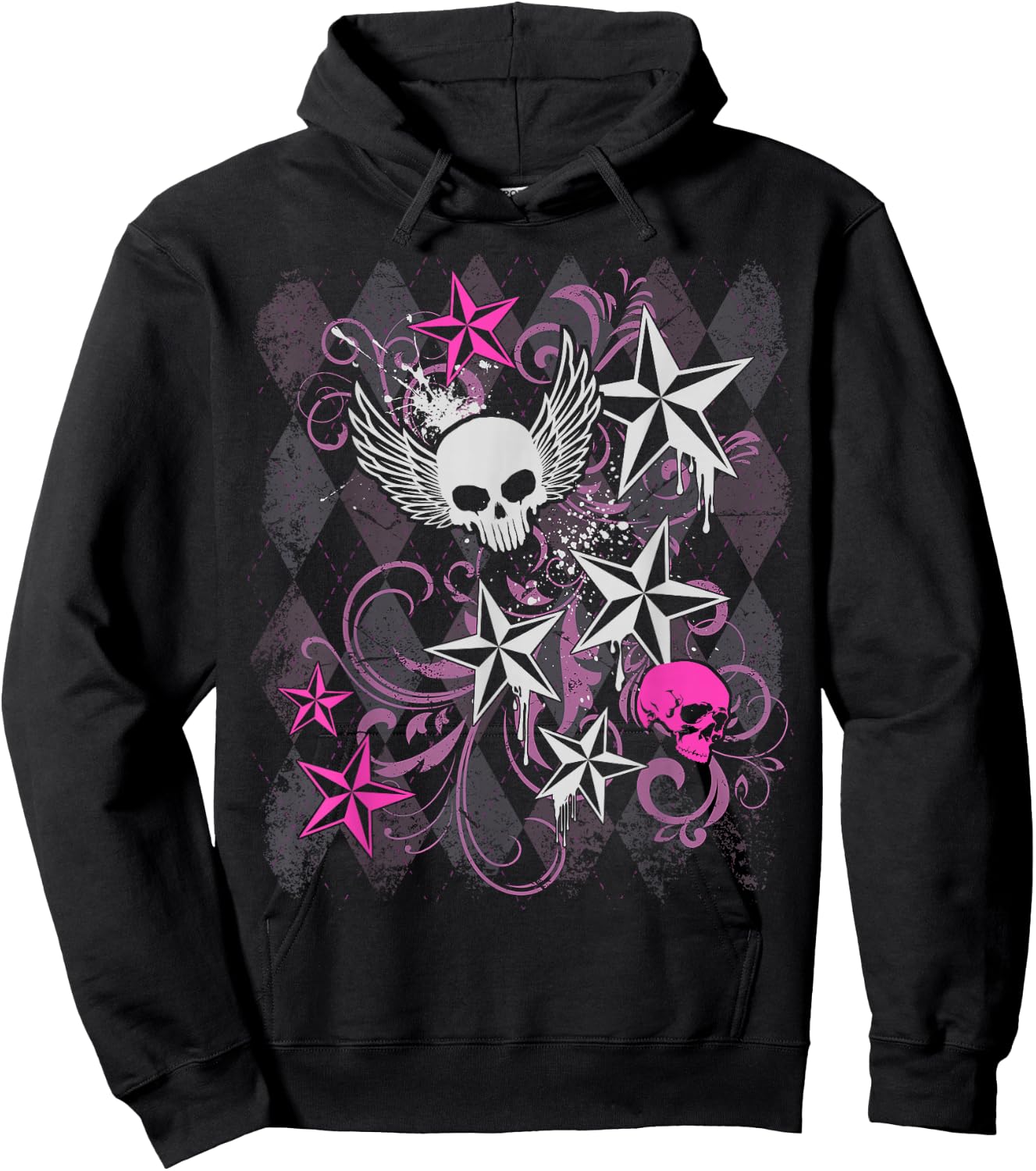 Y2k Grunge with Skull Wings Star Hot Pink 2000s Emo Teen Hoodie - Hoodie | Black