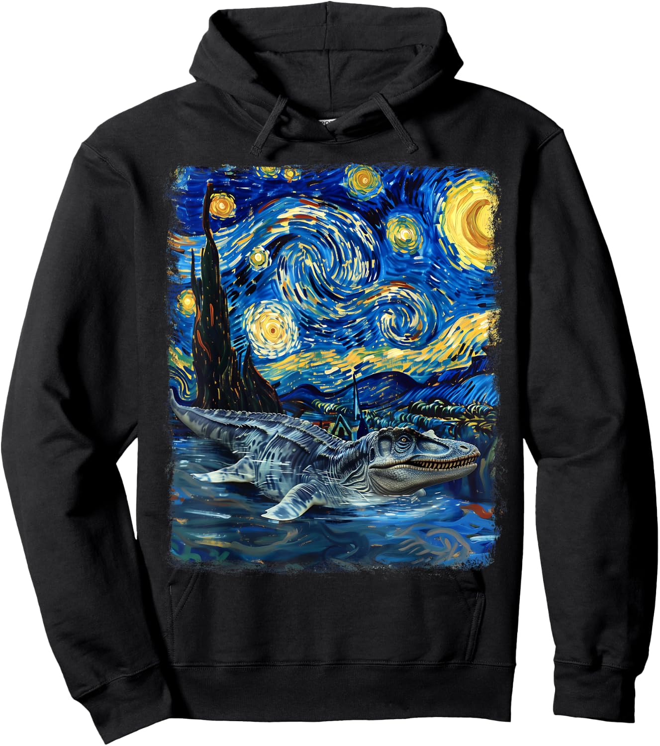 Mosasaurus Dinosaur Starry Night Painting Hoodie - Hoodie | Black