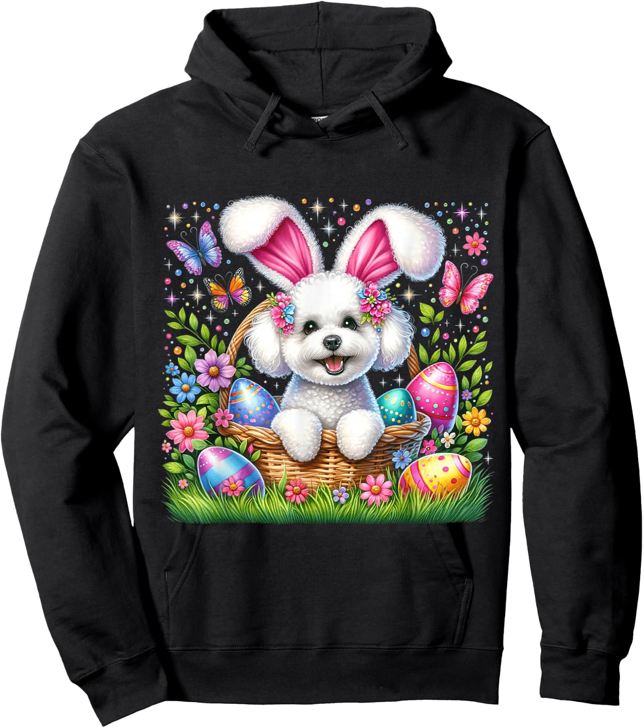 Cute Bunny Bichon Frise Dog Easter Eggs Basket Easter Day Hoodie - Hoodie | Black