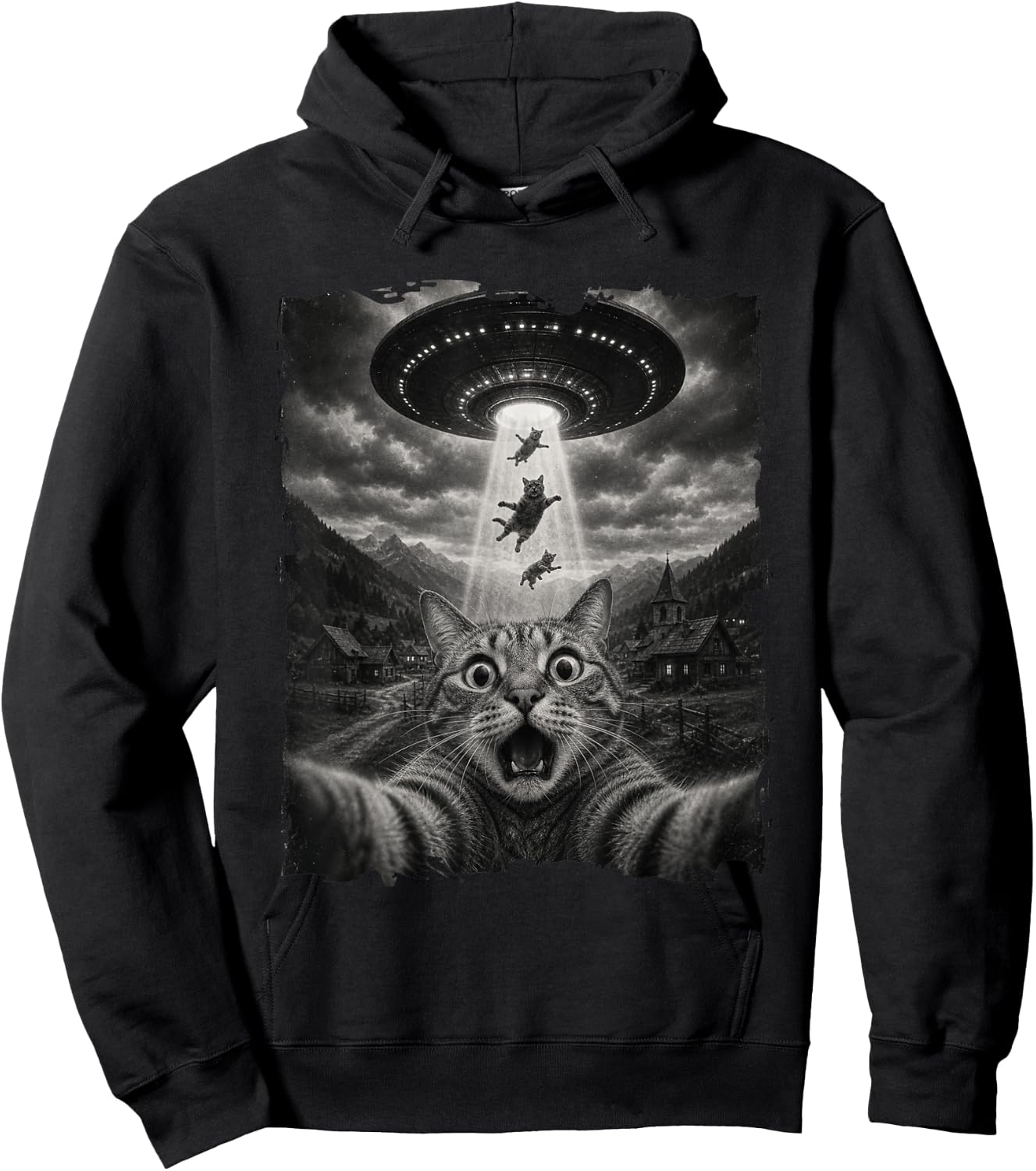 Funny Cat Seflie with Alien UFO Abduction Space Cat Meme Hoodie - Hoodie | Black