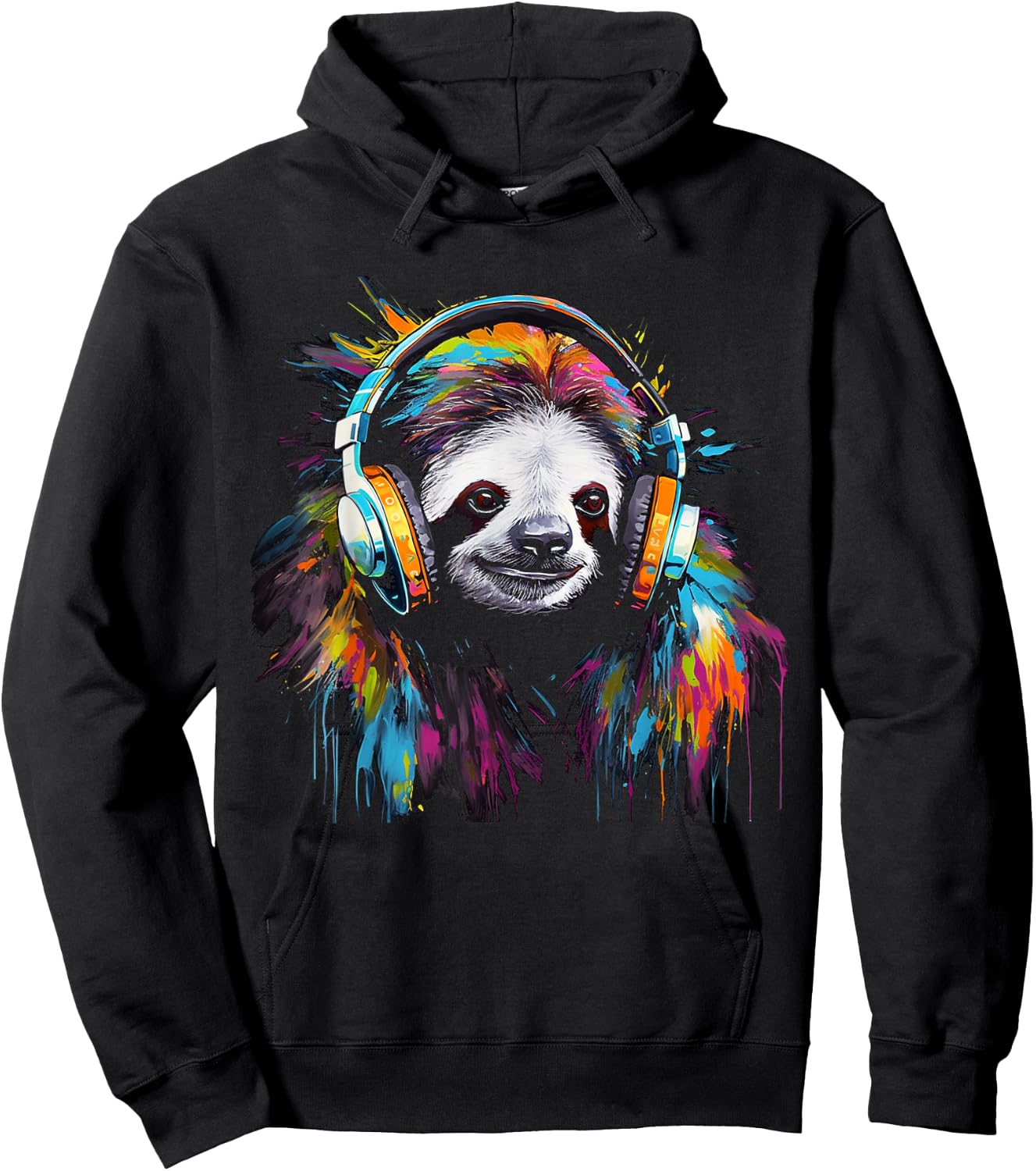 Sloth Artwork Music Animal Headphones Colourful Sloth Hoodie - Hoodie | Black