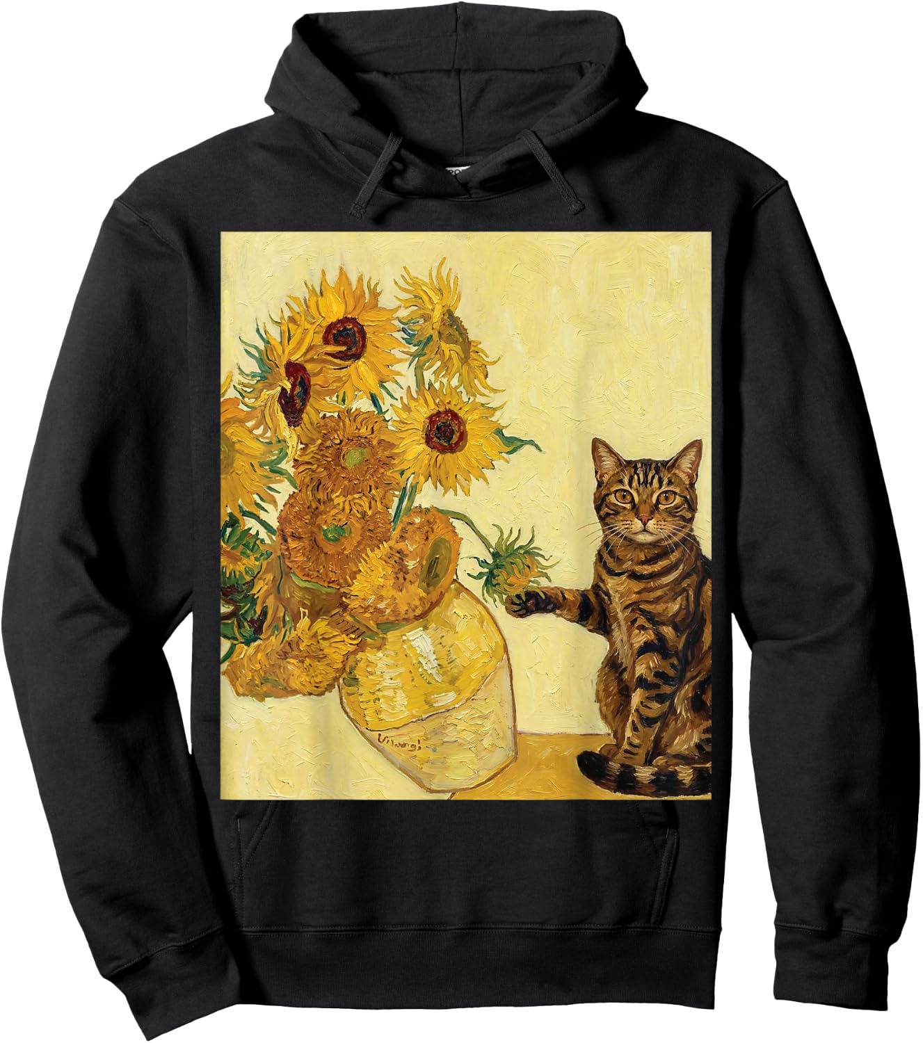 Funny Tabby Cat & Sunflowers Van Gogh Art Parody Hoodie - Hoodie | Black