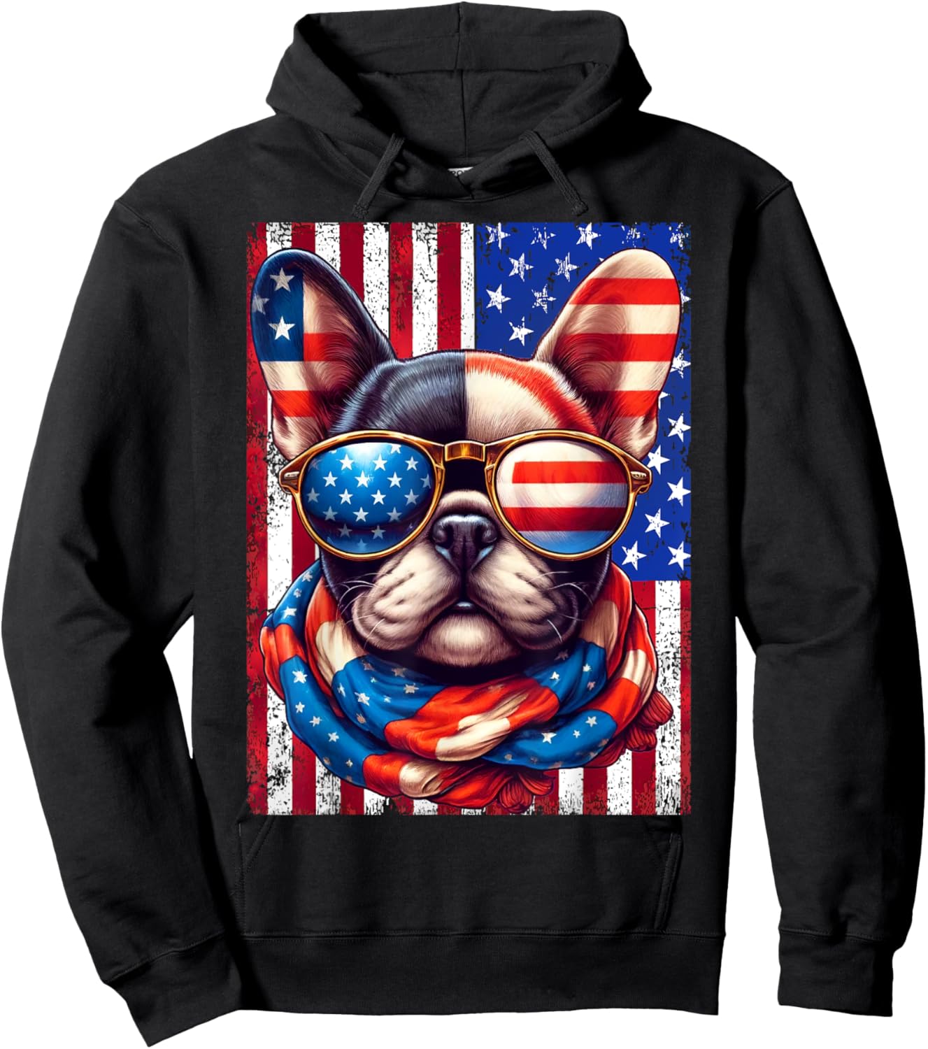 French Bulldog USA Flag Sunglasses 4th of July Patriotic Dog Hoodie - Hoodie | Black