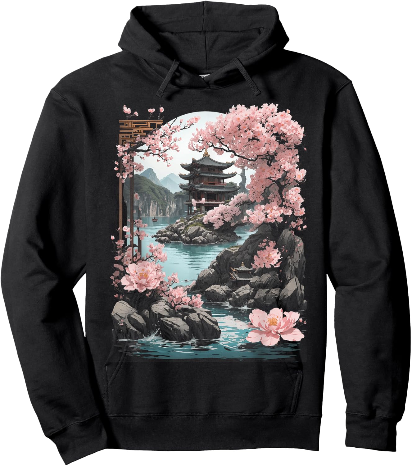 Japanese Chinese Temple Sakura Cherry Blossom Landscape Hoodie - Hoodie | Black