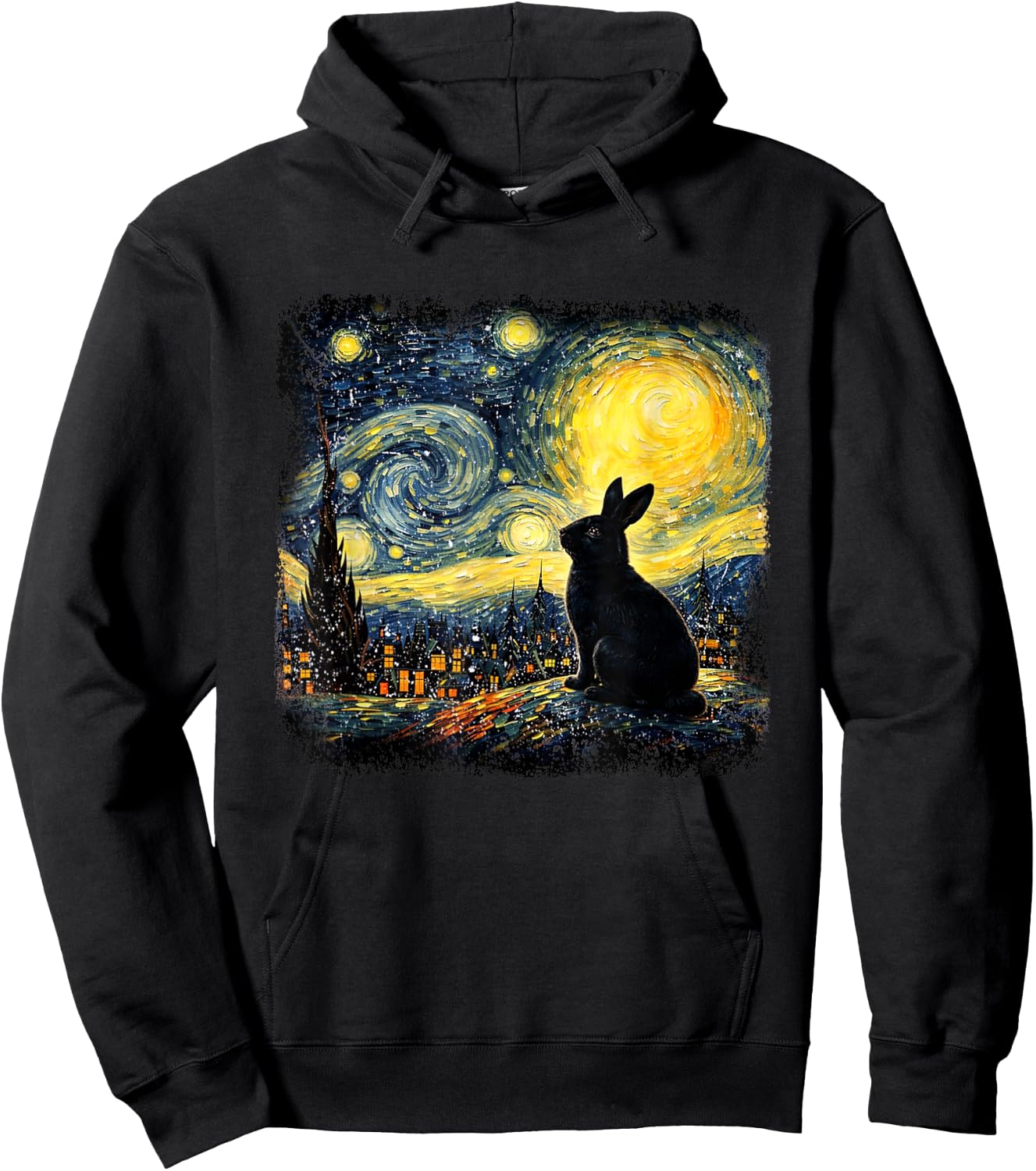 Rabbit Starry Night Van Gogh Bunny for Rabbit Lovers Bunny Hoodie - Hoodie | Black