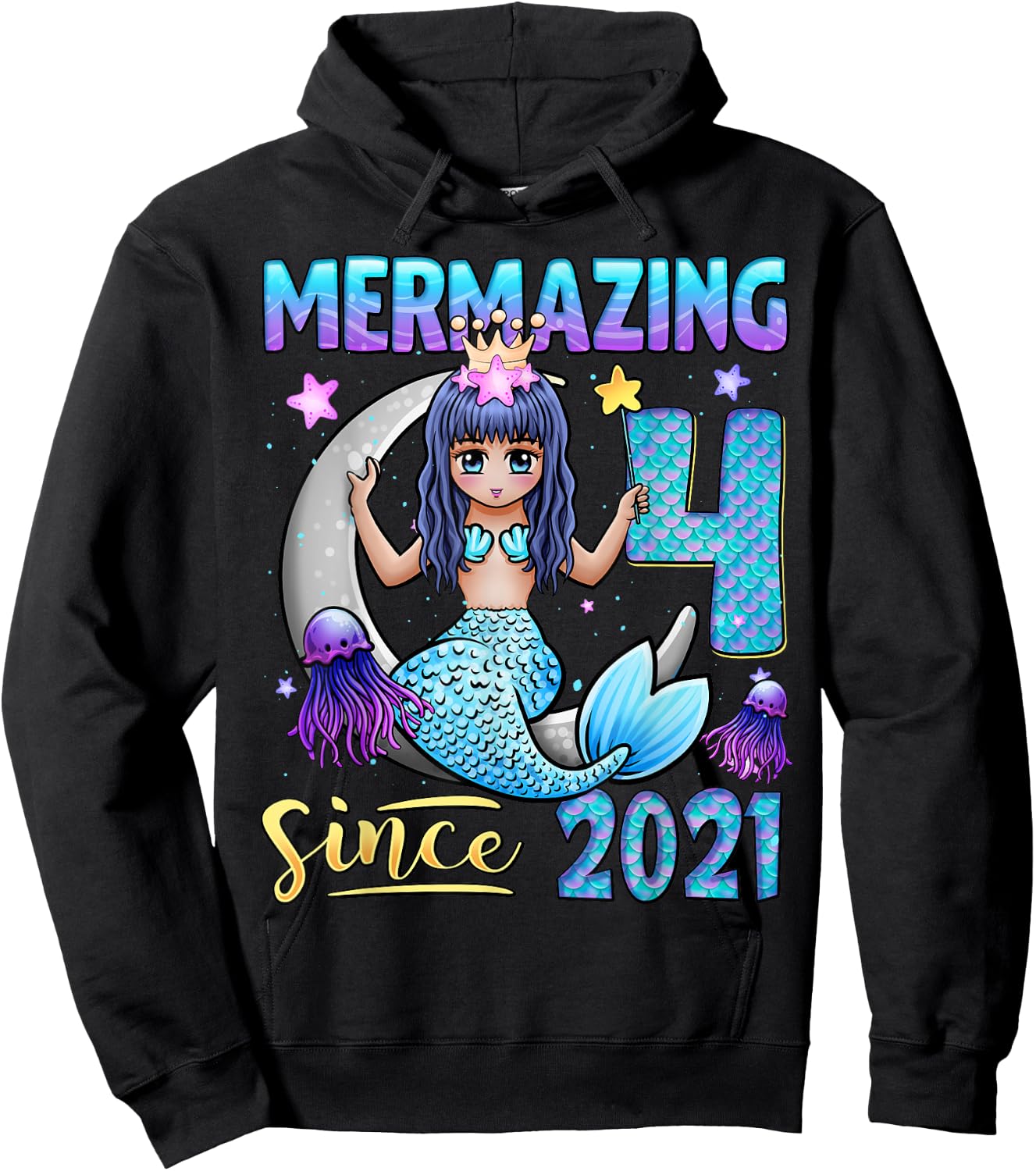 Mermaid Birthday Shirt 4 Years Old Mermaid 4th Birthday Girl Hoodie - Hoodie | Black