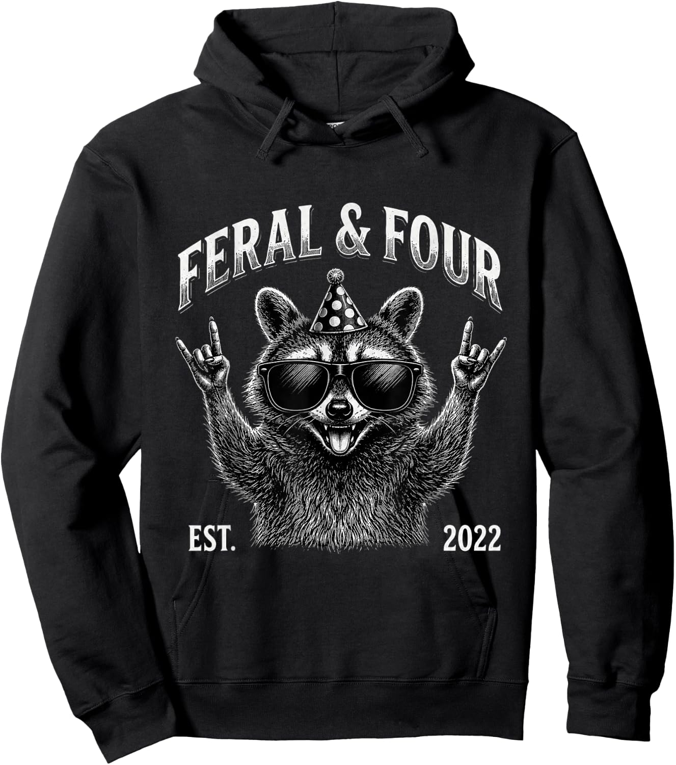 Funny Feral and Four Raccoon 4th Birthday Years Old Kid Boy Hoodie - Hoodie | Black