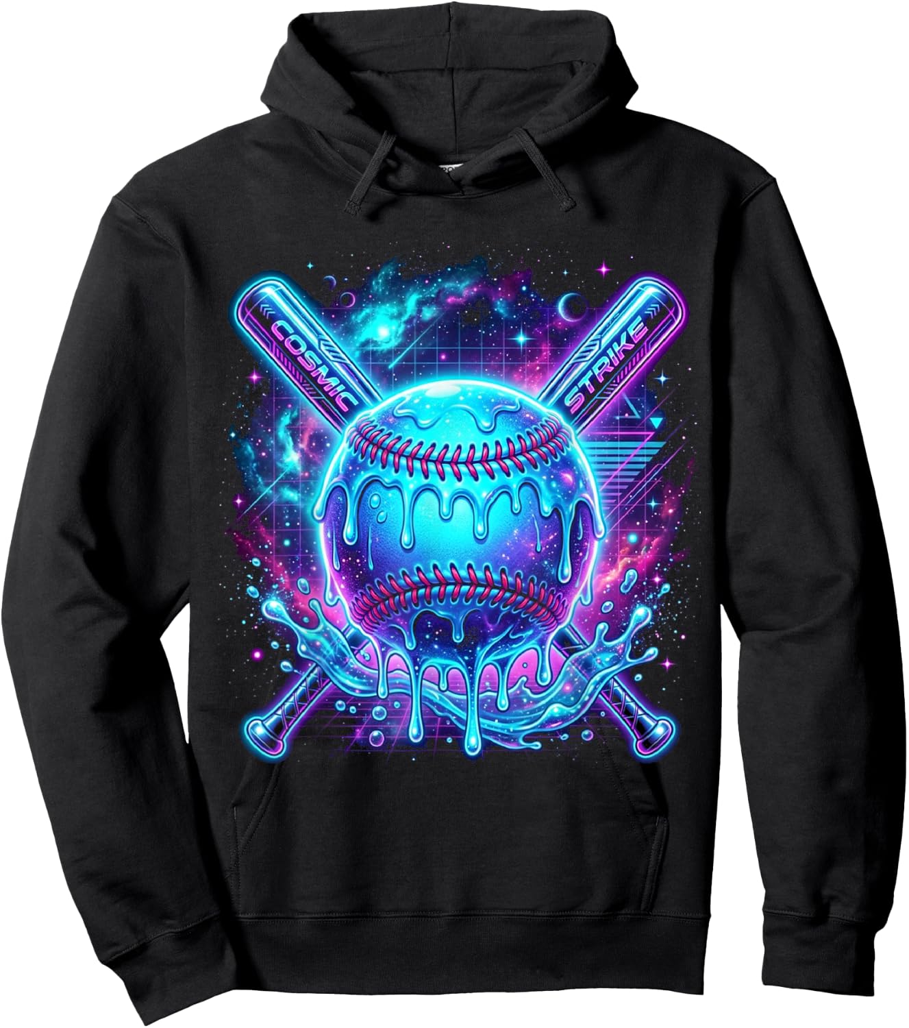 Cosmic Drip Baseball Glow Graphic Blue Vaporwave Aesthetic Hoodie - Hoodie | Black