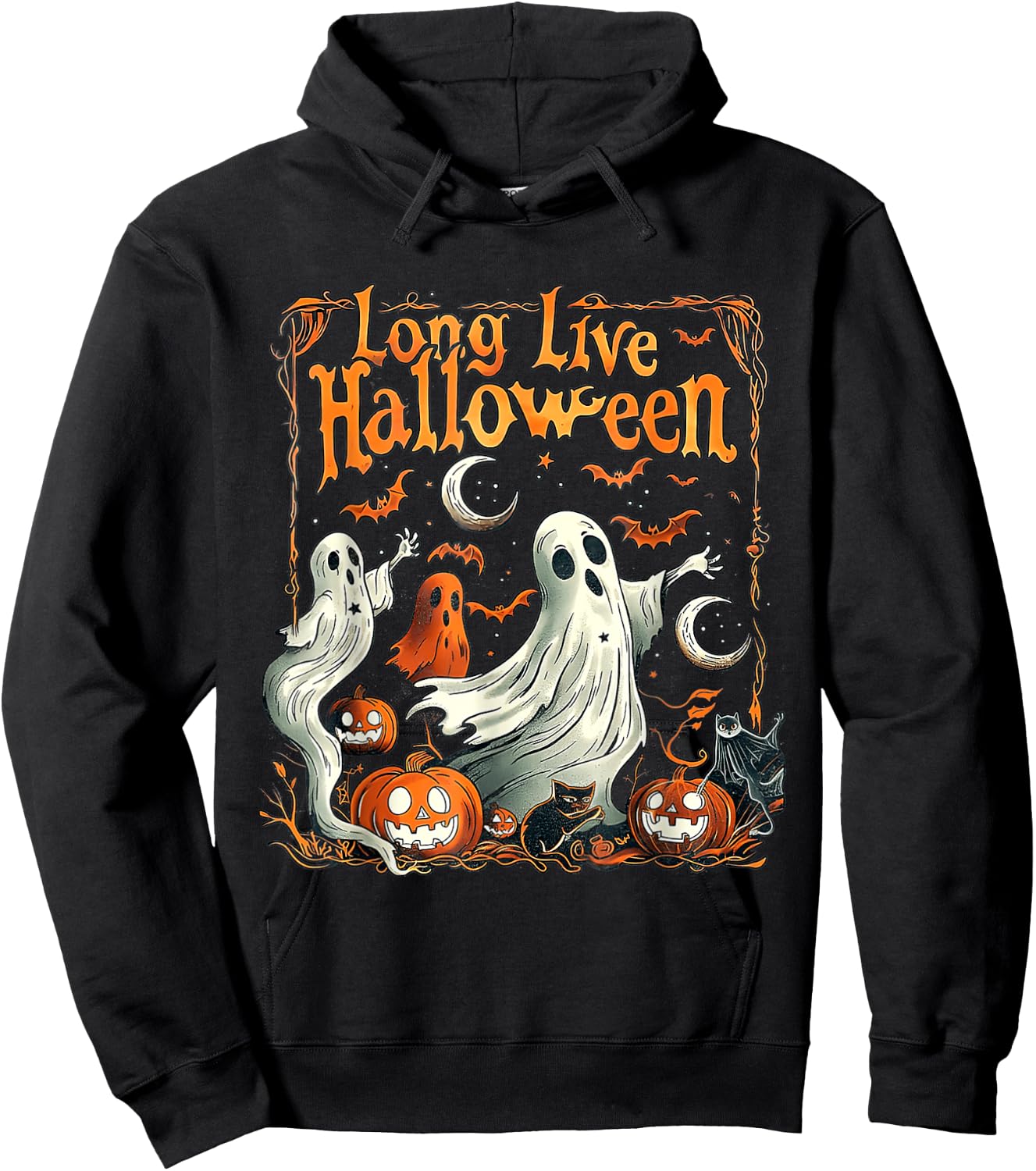 Retro Long Live Halloween Spooky Season Pumpkin Ghost Hoodie - Hoodie | Black
