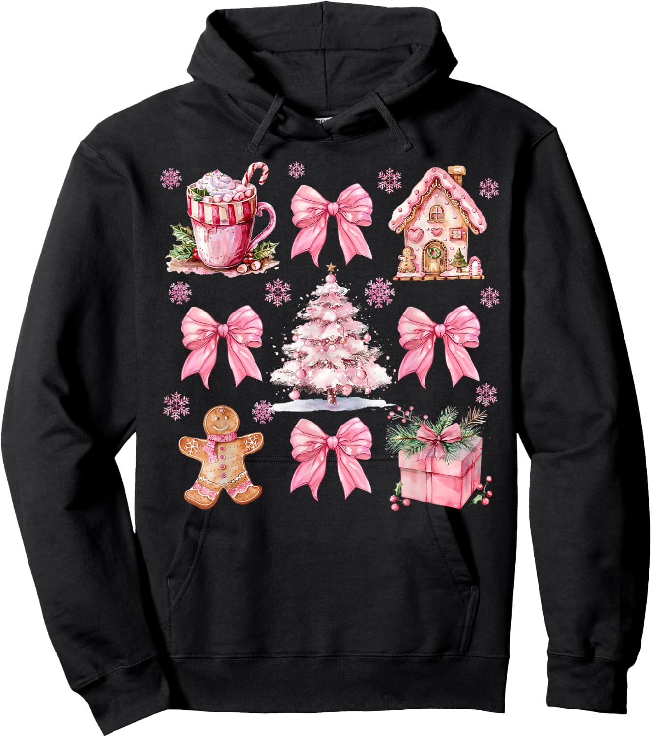 Cute Pink Coquette Bow Gingerbreads Coffee Family Xmas Tree Hoodie - Hoodie | Black
