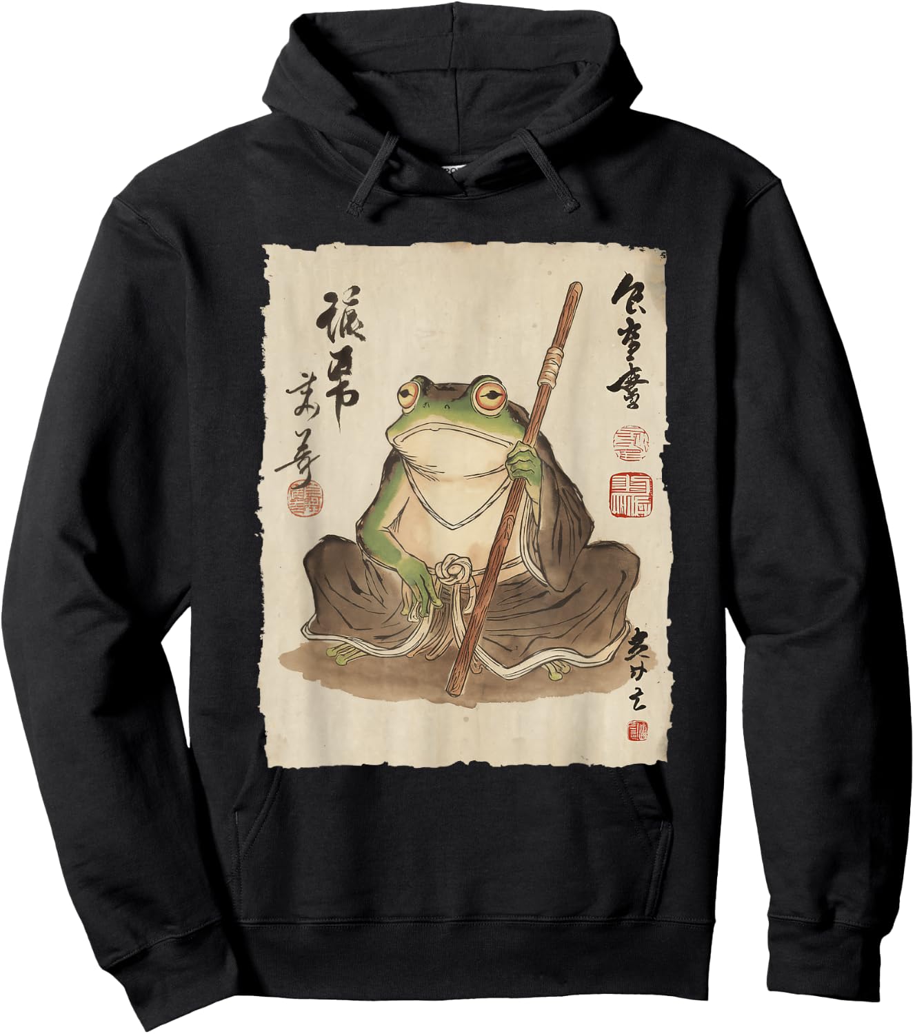 Frog Monk with Staff Japanese Ink Art Women Kids Hoodie - Hoodie | Black