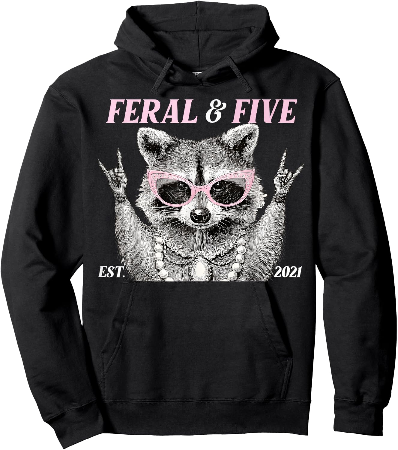 Funny 5 Year Old Feral and Five Raccoon 5th Birthday Girl Hoodie - Hoodie | Black