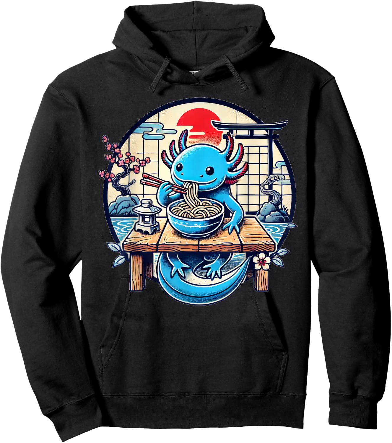 Kawaii Axolotl Eating Ramen Noodles Japanese Hoodie - Hoodie | Black