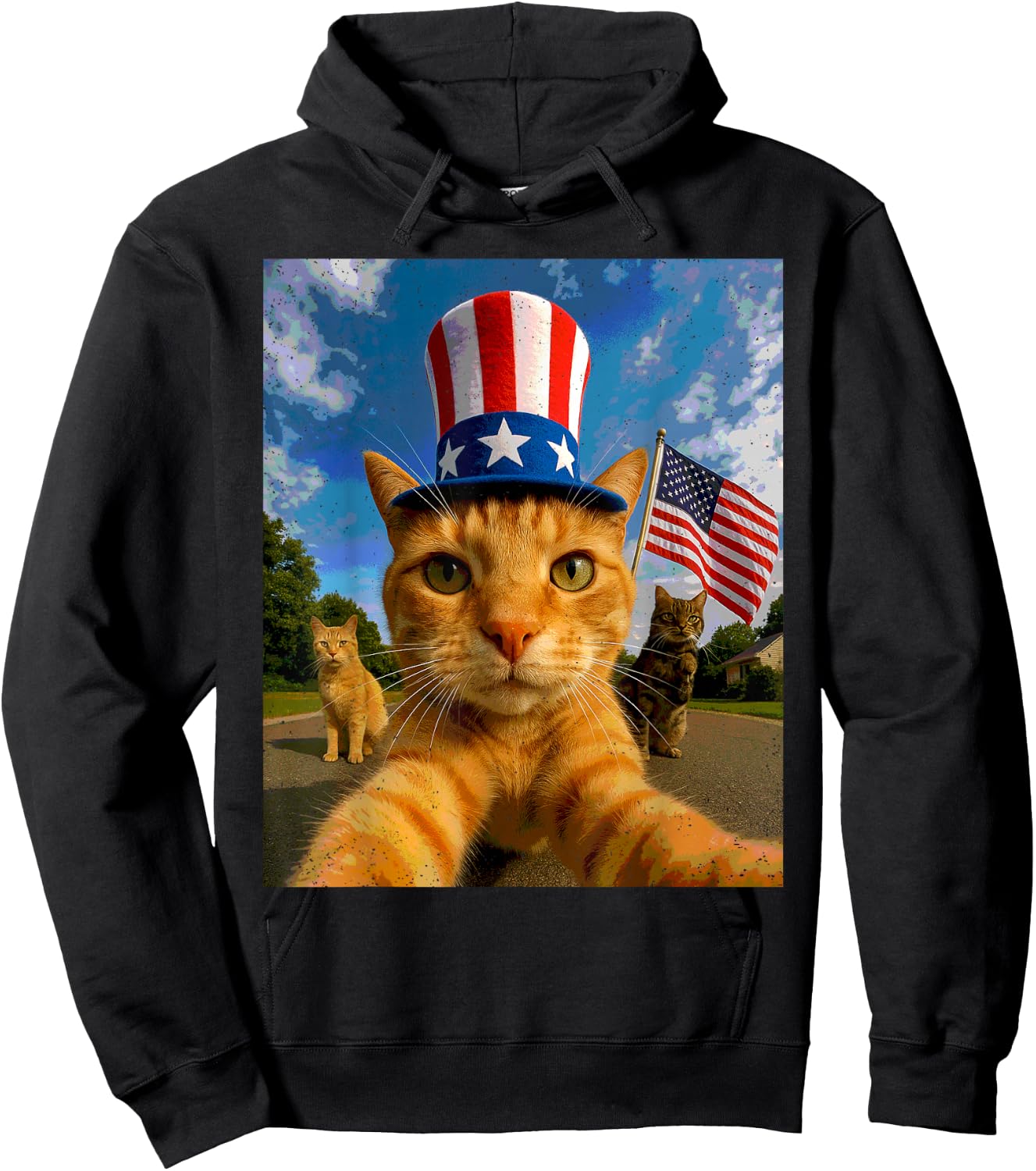 Cat Selfie American Flag 4th Of July Patriotic Kitten Lover Hoodie - Hoodie | Black
