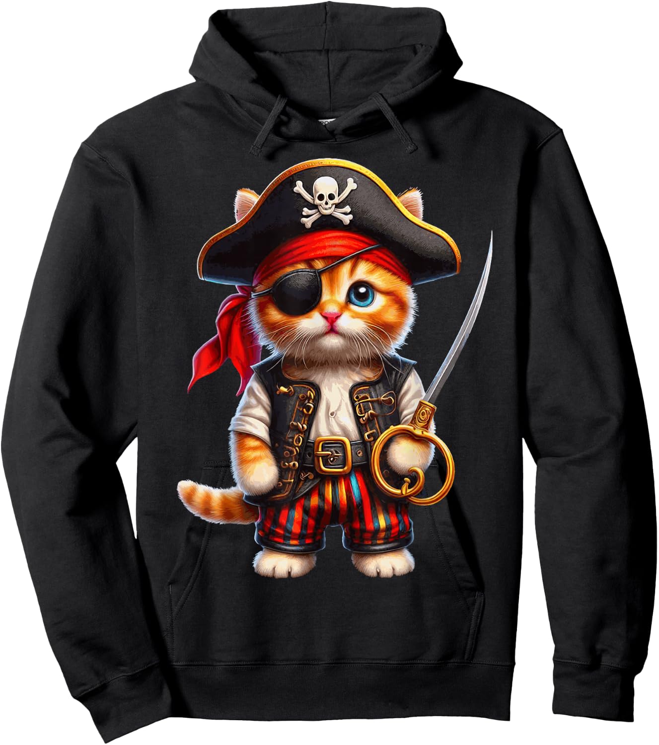 Pirate Kitten Playful Cat Vibrant Cute Kitty Sword Fun Art Hoodie - Hoodie | Black