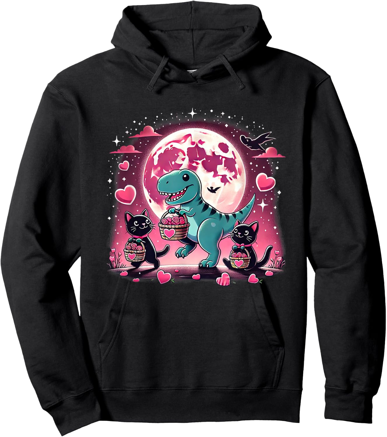 Funny Cats and Dino Valentine’s T-Rex Hearts Hoodie - Hoodie | Black