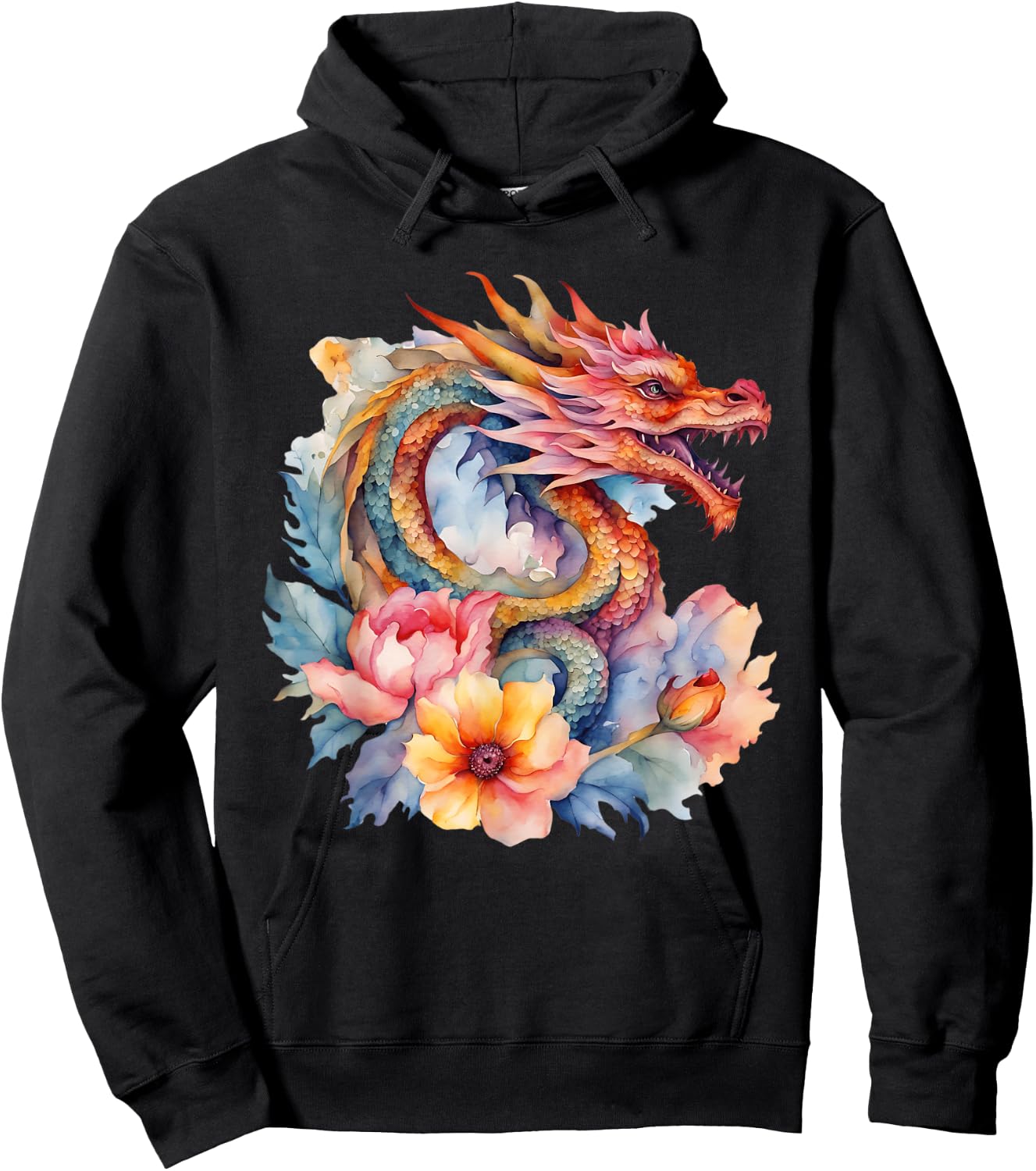 Watercolor Dragon Flowers Beautiful Art Colorful Graphic Hoodie - Hoodie | Black