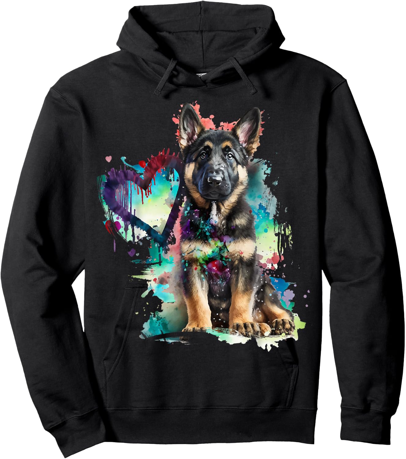 German Shepherd Puppy Mom Lover Watercolor Painting Heart Hoodie - Hoodie | Black