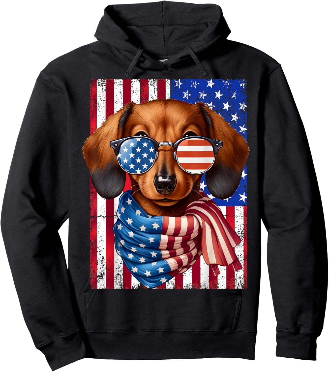 Dachshund Dog USA Flag Sunglasses Patriotic 4th of July Men Women Hoodie - Hoodie | Black
