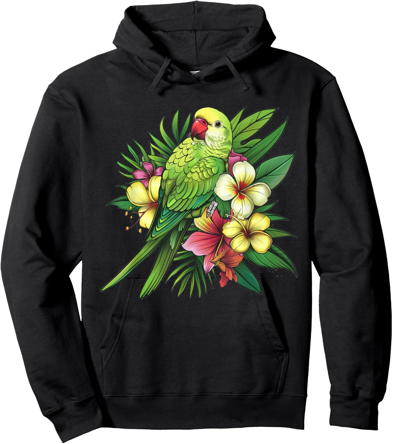 Monk Parakeet With Tropical Flowers Hoodie - Hoodie | Black