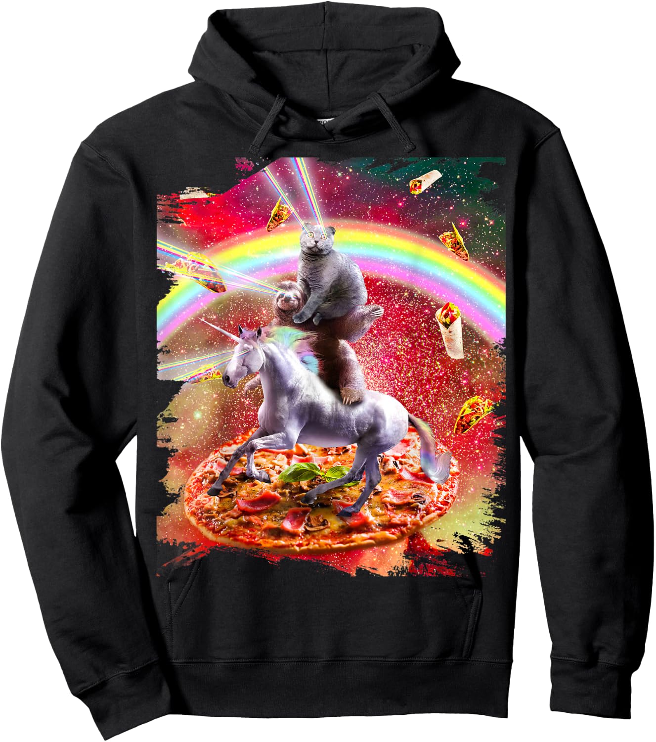 Laser Eyes Space Cat On Sloth Unicorn - Rainbow Hoodie - Hoodie | Black