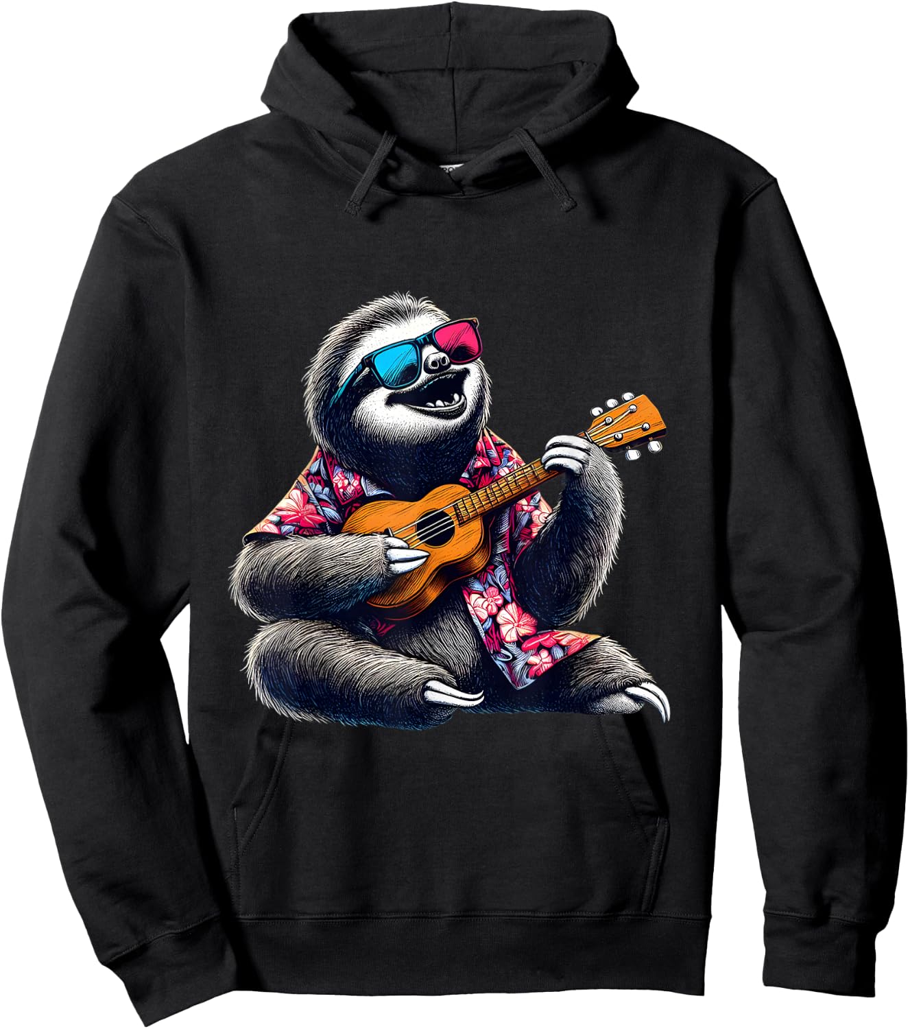 Sloth Wearing a Hawaiian Shirt, Playing a Ukulele Hoodie - Hoodie | Black