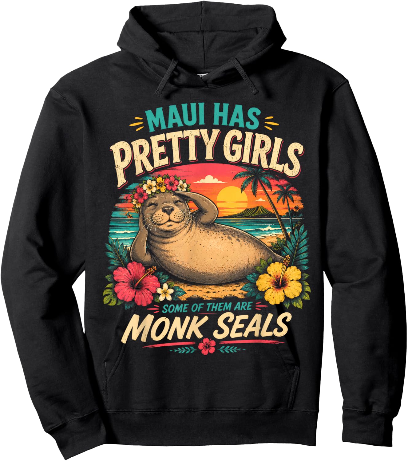 Lani Monk Seal Maui Has Pretty Girls Flower Crown Hawaii Hoodie - Hoodie | Black