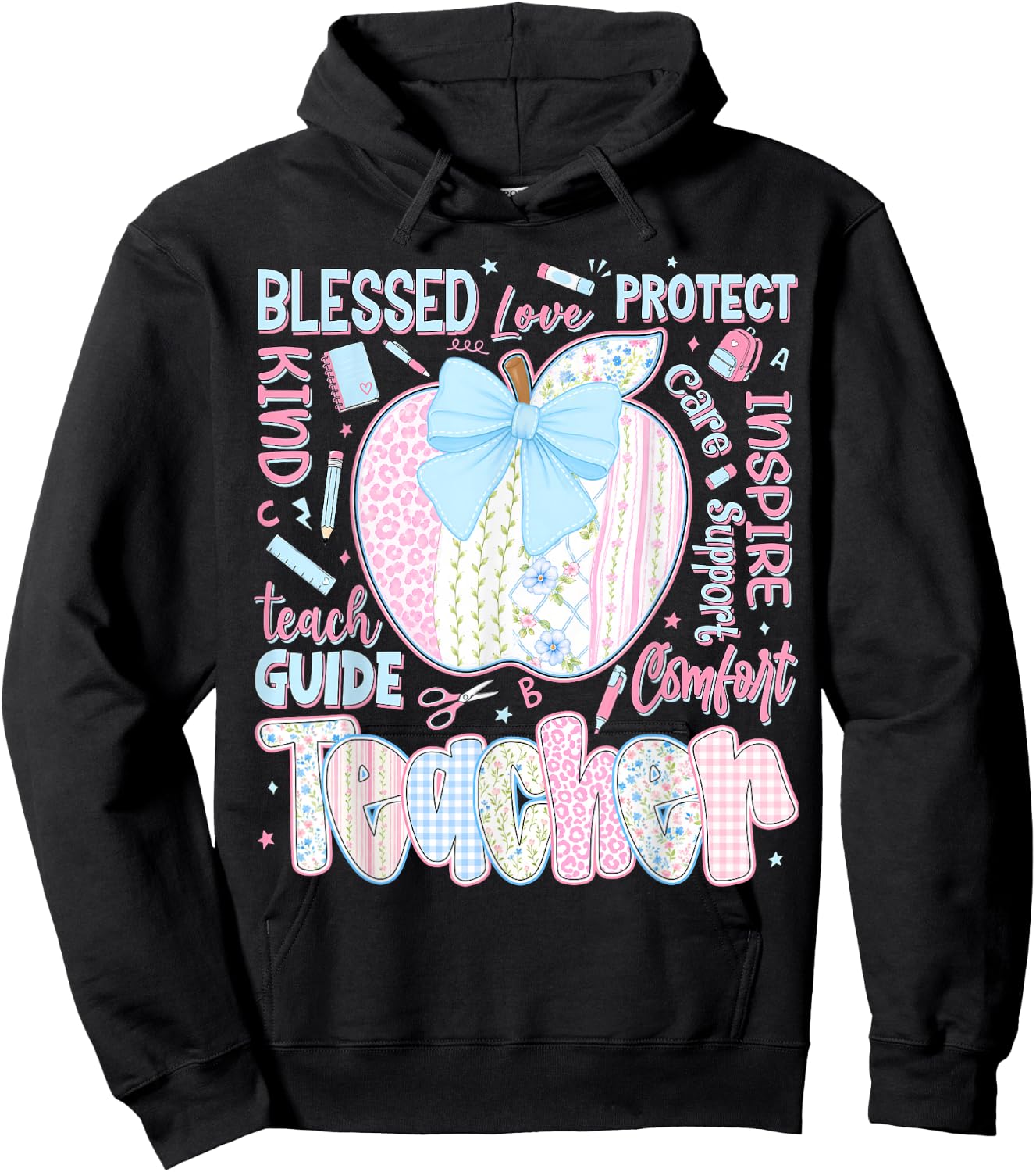 Back to School Teacher Teach Love Inspire Coquette Bow Girls Hoodie - Hoodie | Black