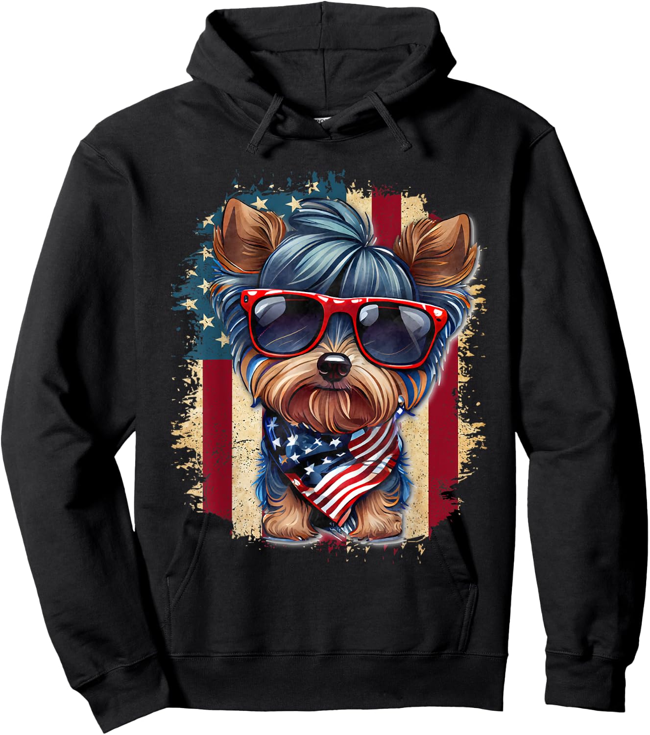 Cute Yorkie Dog Lover July 4th USA Flag Patriotic Merica Hoodie - Hoodie | Black