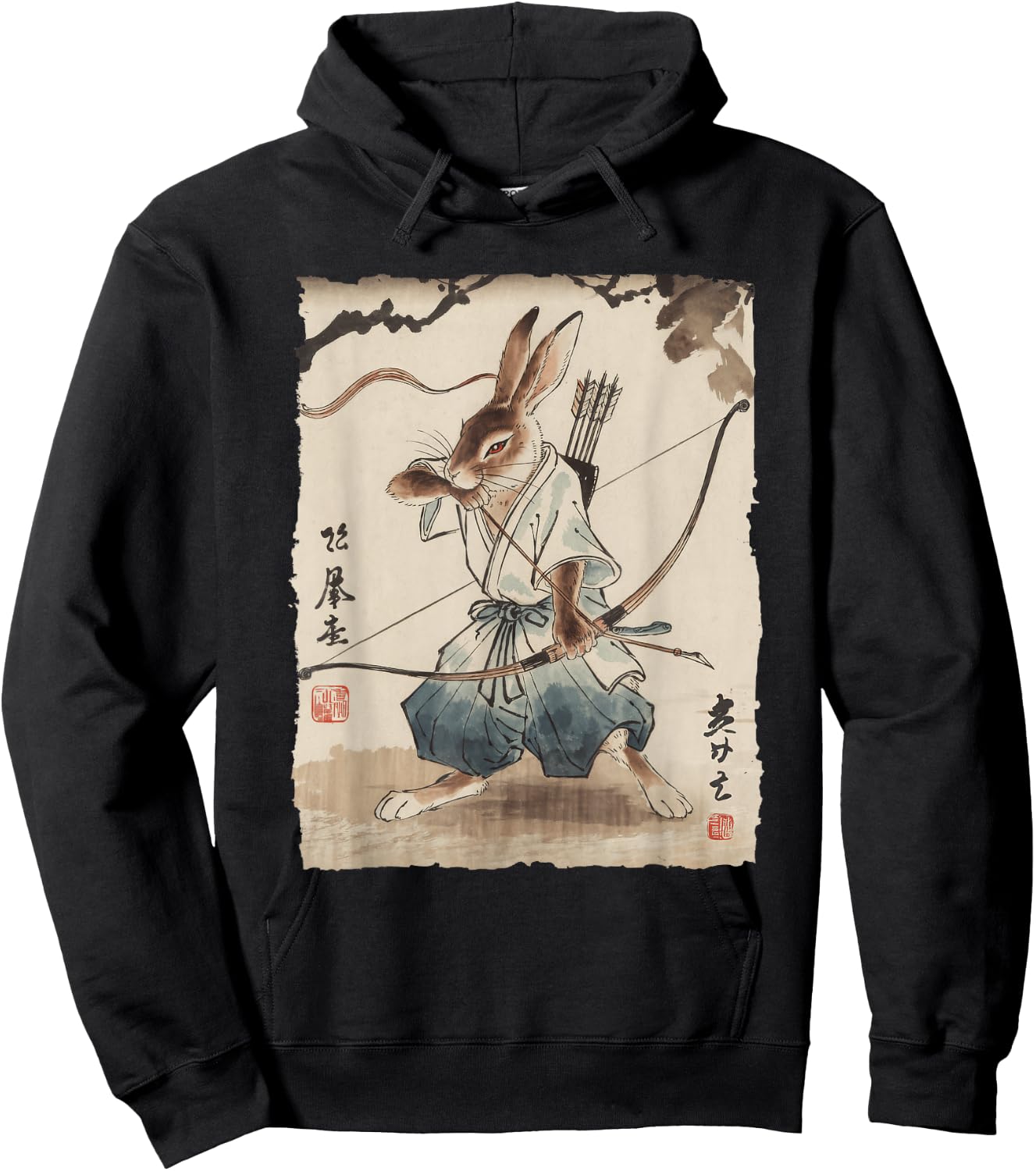 Rabbit Samurai Archer Japanese Ink Art Women Kids Hoodie - Hoodie | Black